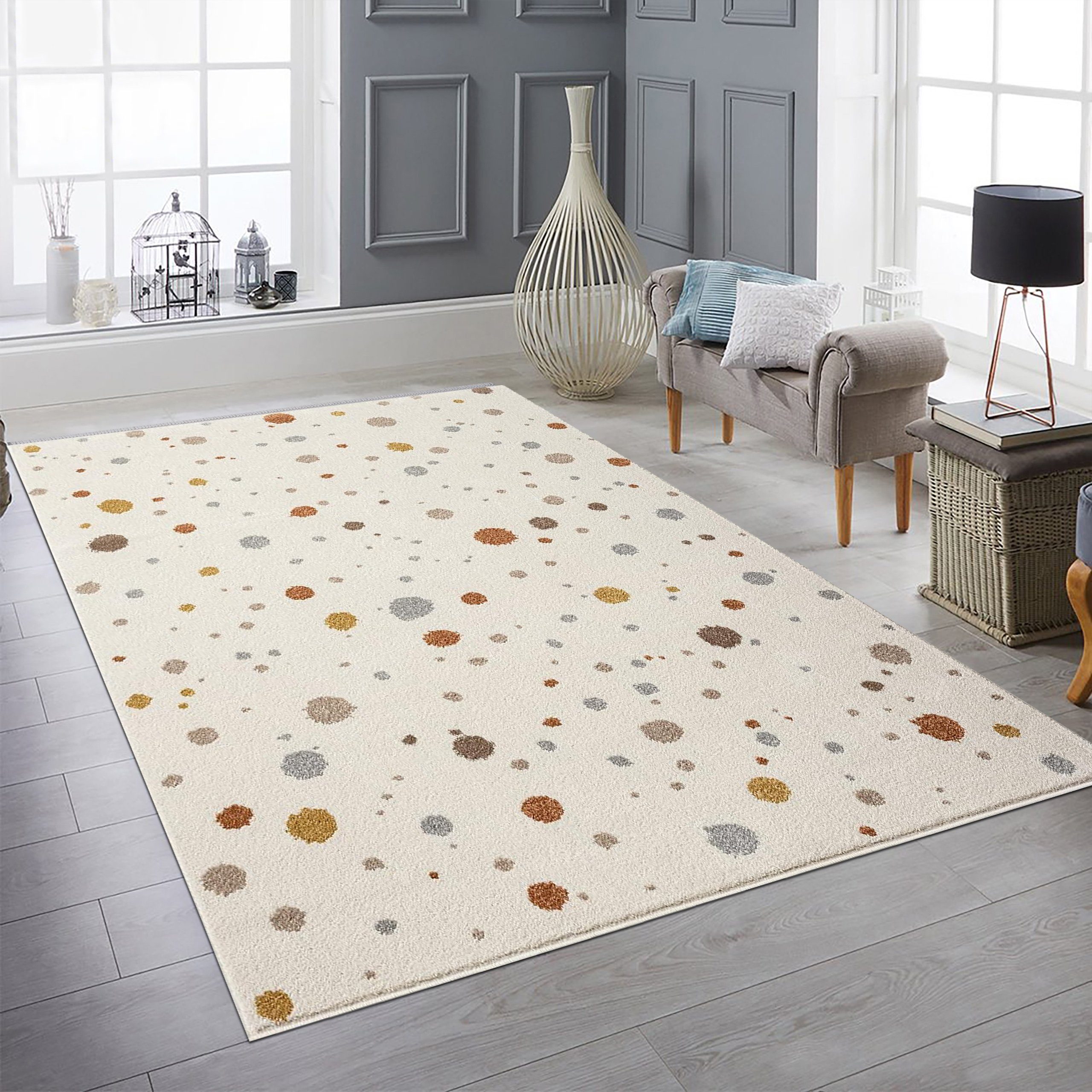 Teppich Designerteppich creme weich Farbkleckse grau braun beige elegant, Teppich-Traum, rund, Höhe: 9 mm