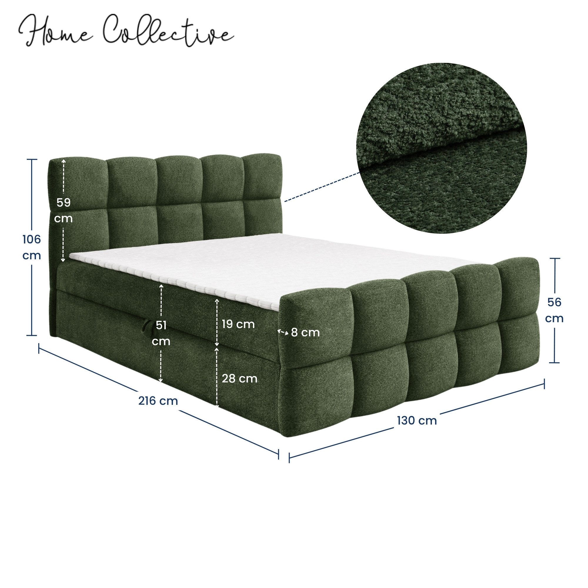 Home Collective Boxspringbett Polsterbett Doppelbett Bubble Bett mit Stauraum, Topper, viele Größen (Verfügbare Größen: 120x200, 140x200, 160x200, 180x200, 200x200 cm), komfortable Liegehöhe edles Design mit Steppung Grün