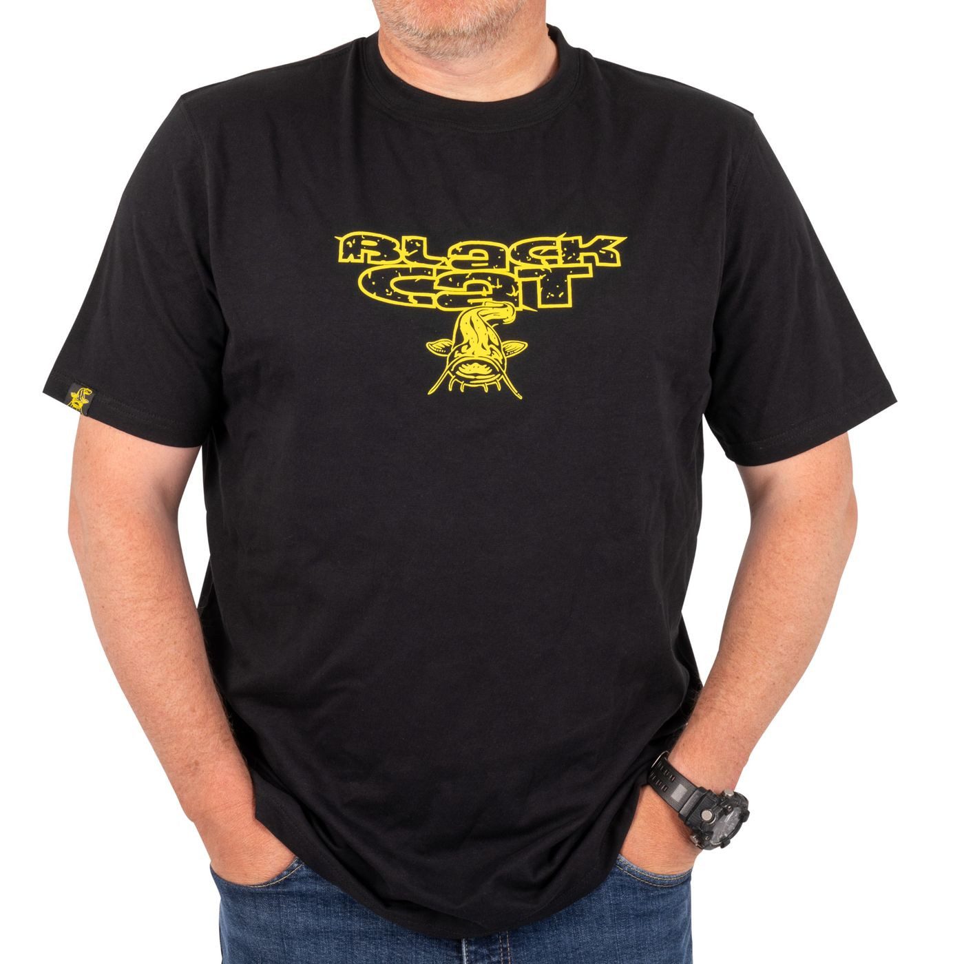 Black Cat T-Shirt Black Cat Schwarzes T-Shirt mit Distressed-Logo - Angelshirt