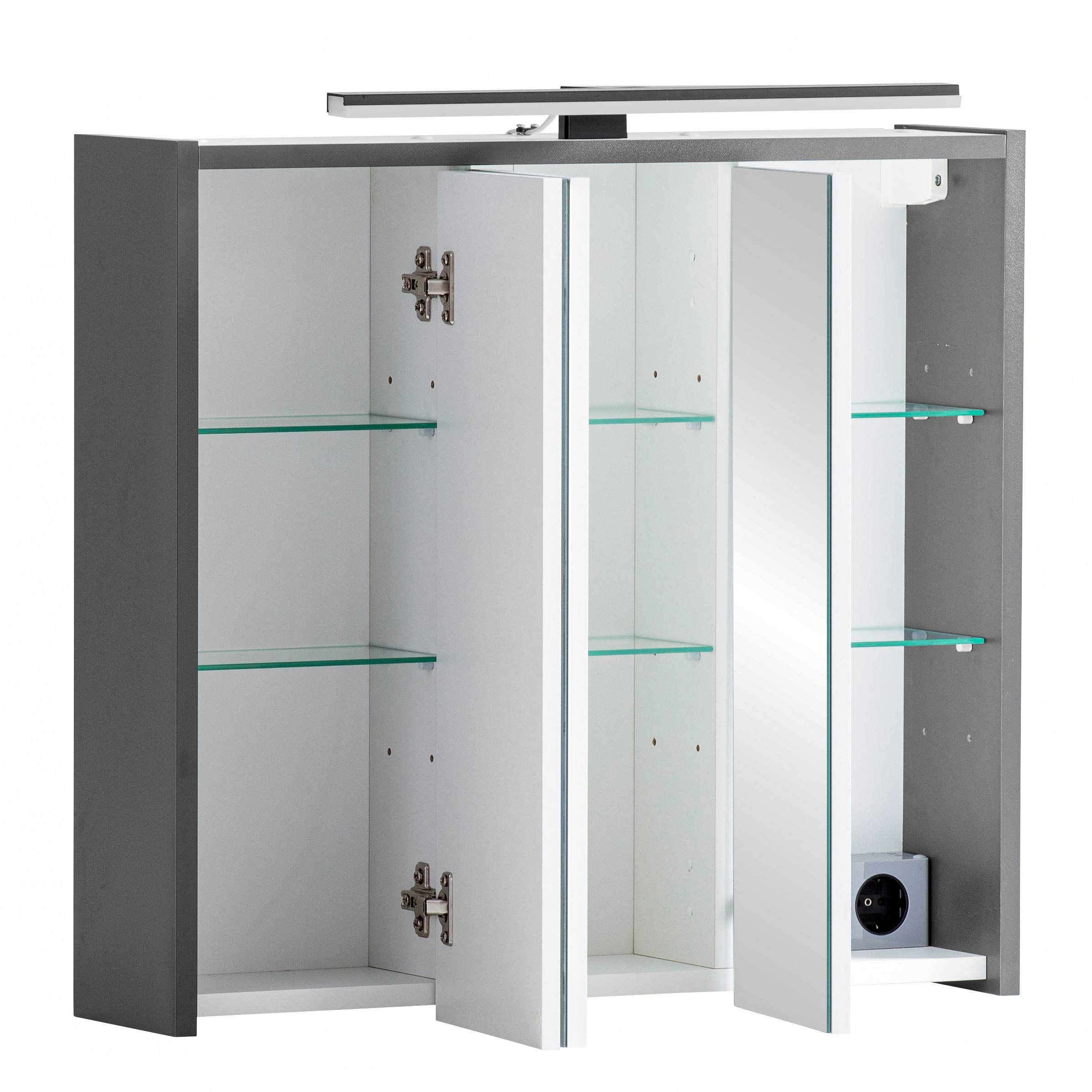 Lomadox Spiegelschrank PROVIDENCE-80 mit Glasböden, 65cm, anthrazit, inkl. LED-Beleuchtung