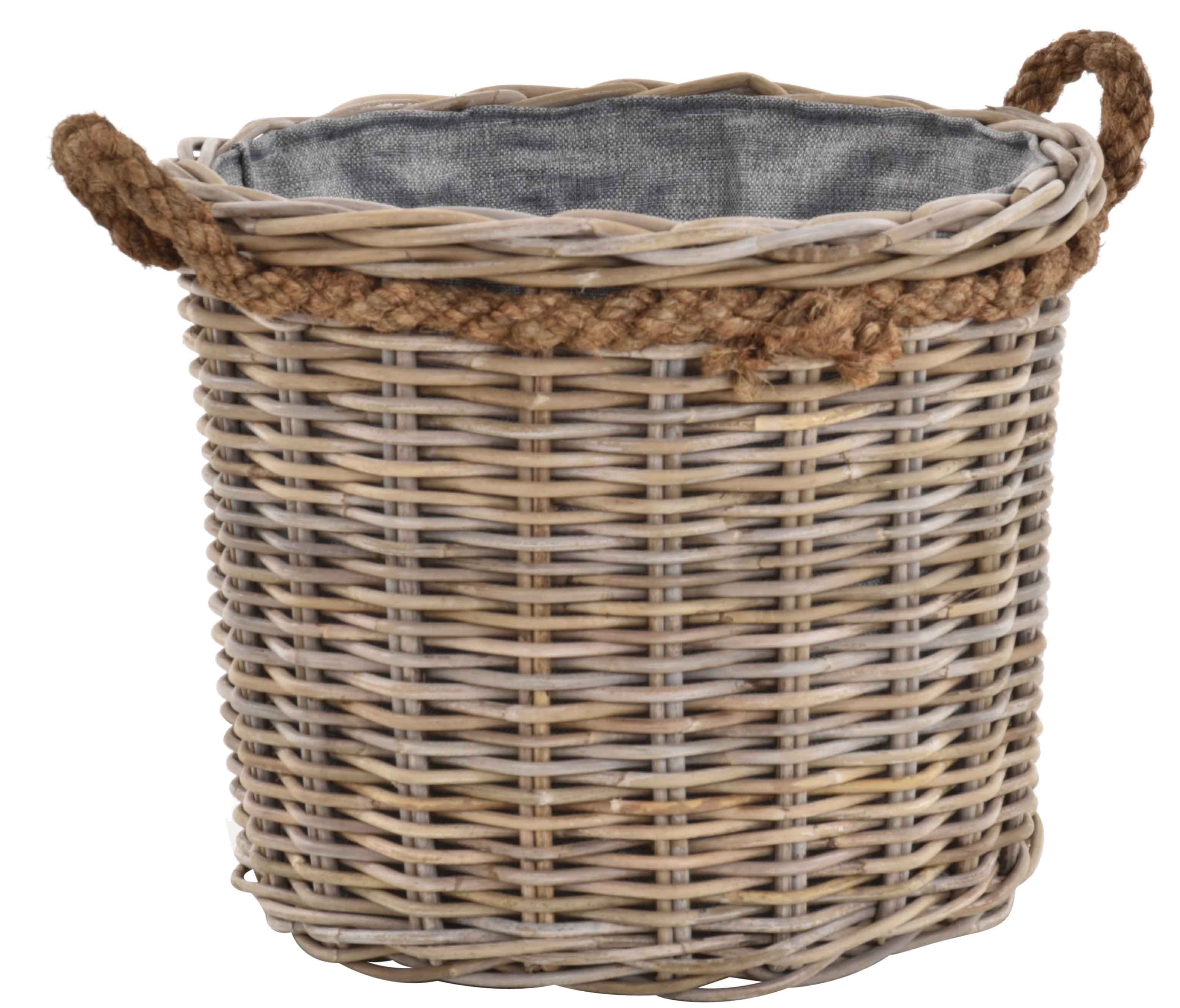 Krines Home Flechtkorb Großer Holzkorb mit Inlett Grau Natur Rattan mit Seilrand Tragekorb, Aufbewahrung Korb Deko