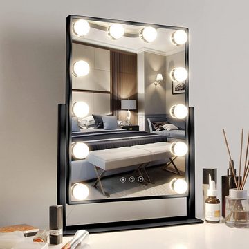 HT Kosmetikspiegel 35,5 x 47cm (Schminkspiegel mit 12 LED Beleuchtung Stehspiegel für Badzimmer), Schminktisch,360° drehbar, Touch Steuerung,Weiß