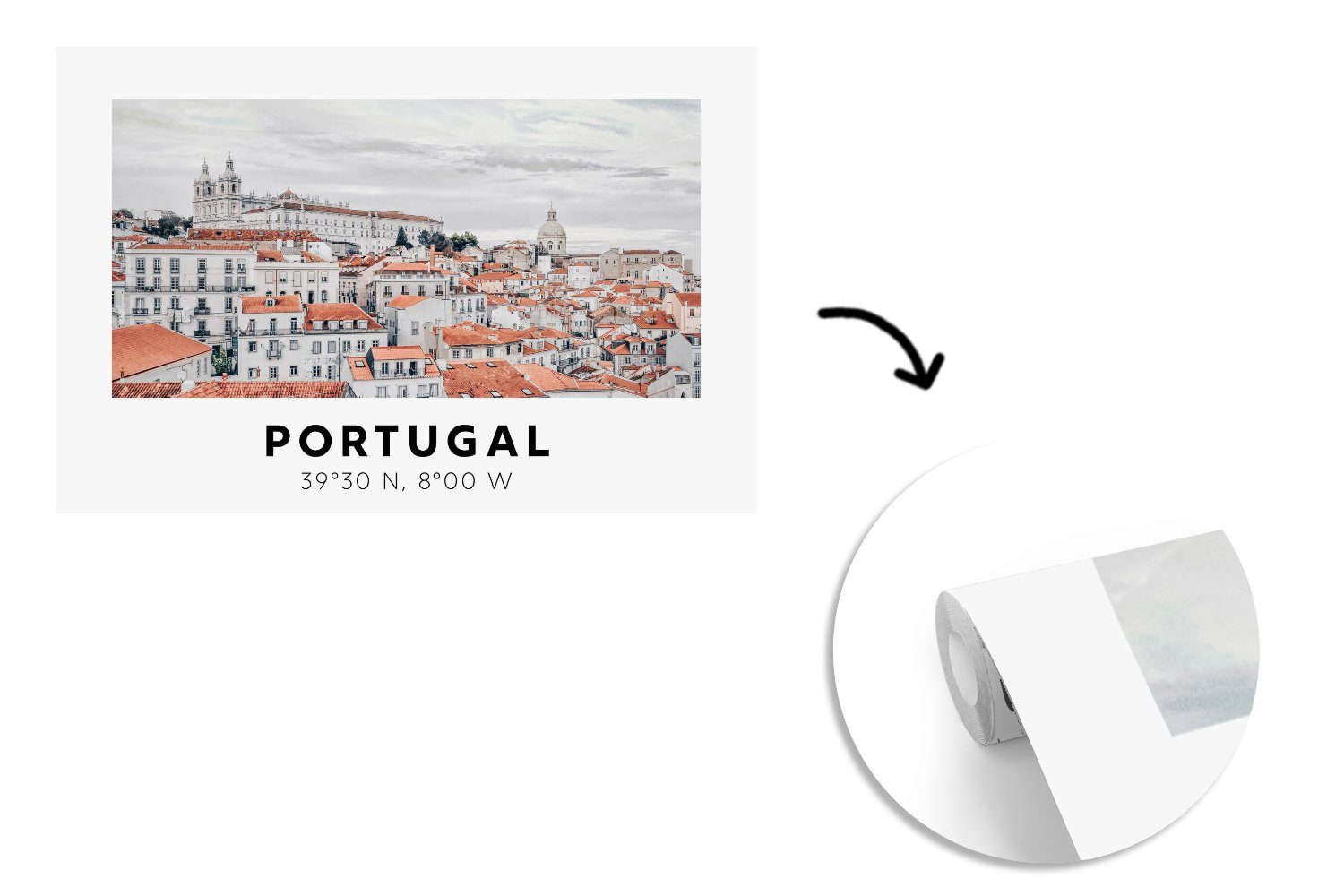 MuchoWow Fototapete Portugal - Europa für Kinderzimmer, Matt, Schlafzimmer, St), (6 Vinyl Wallpaper - - Tapete Silhouette, Wohnzimmer, Rot bedruckt