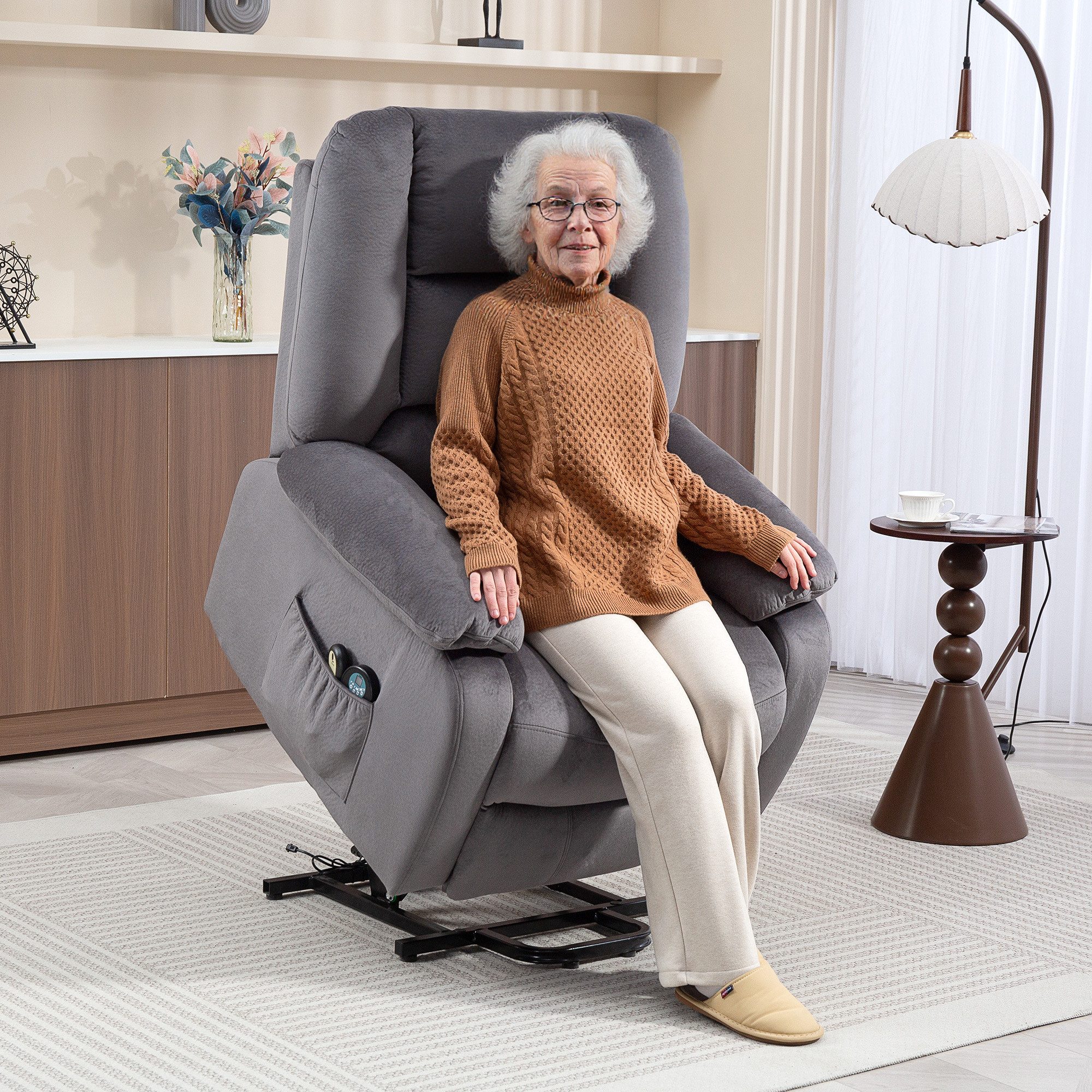 HOMCOM Relaxsessel Aufstehhilfe Elektrisch Fußteil Samtoptik (Massagesessel mit Liegefunktion, Wärme- und Massagefunktion, 1-St., TV Sessel mit Taschenfederkernsystem), Fernbedienung, Seitentasche, Dunkelgrau