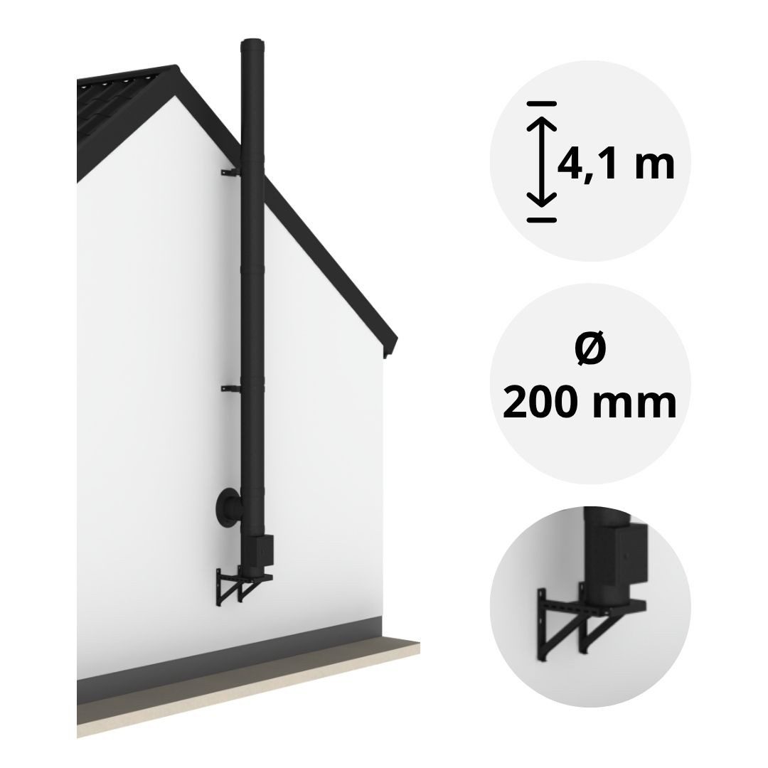 Jeremias Schornstein 4, 3 m EdelstahlSchornstein Ø200mm Komplettset DW DW-Black Wandmontage, Ø 200 mm