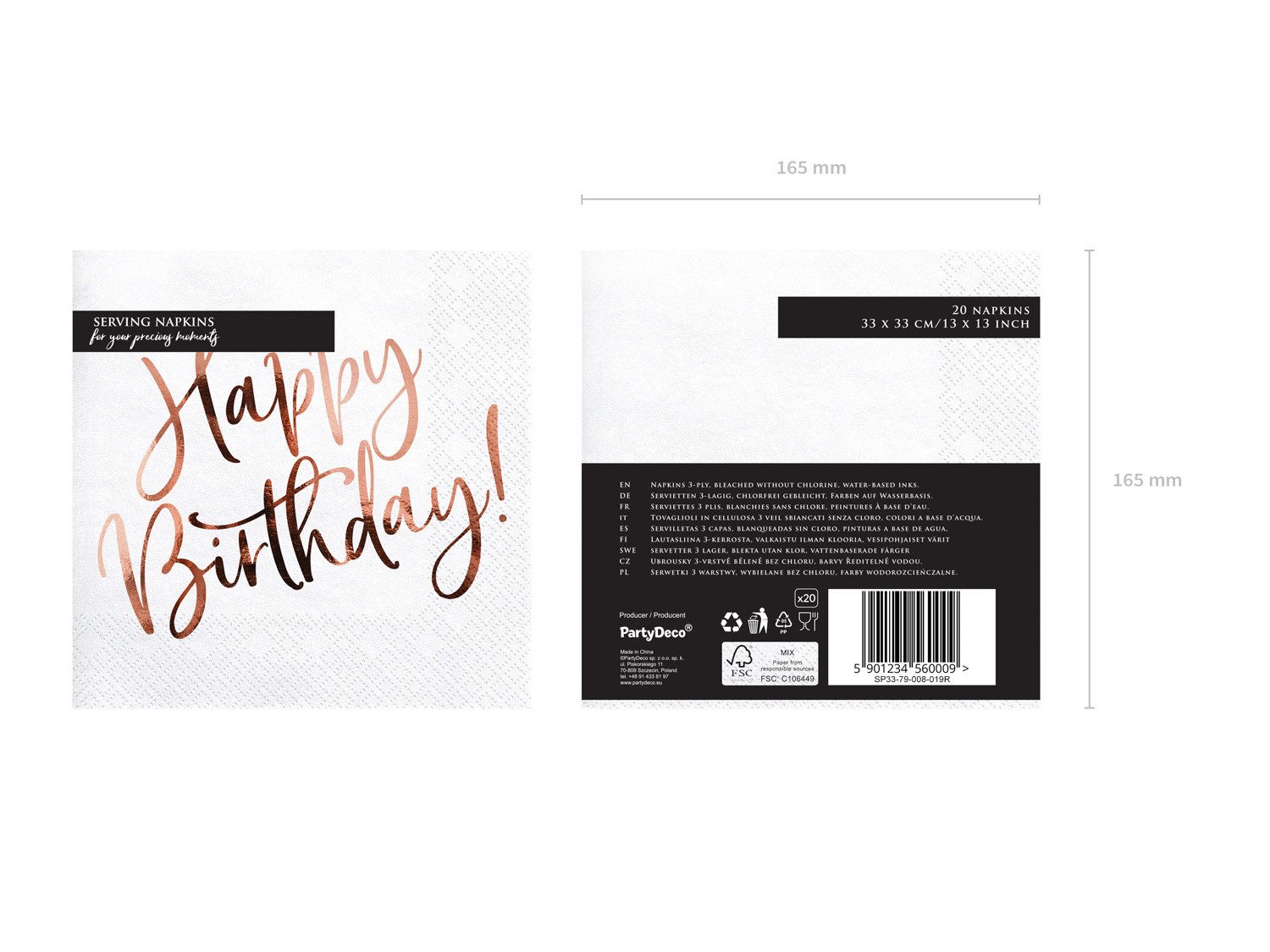 partydeco Papierserviette, Servietten Happy Birthday 33x33cm 20 Stück, weiß / rosegold