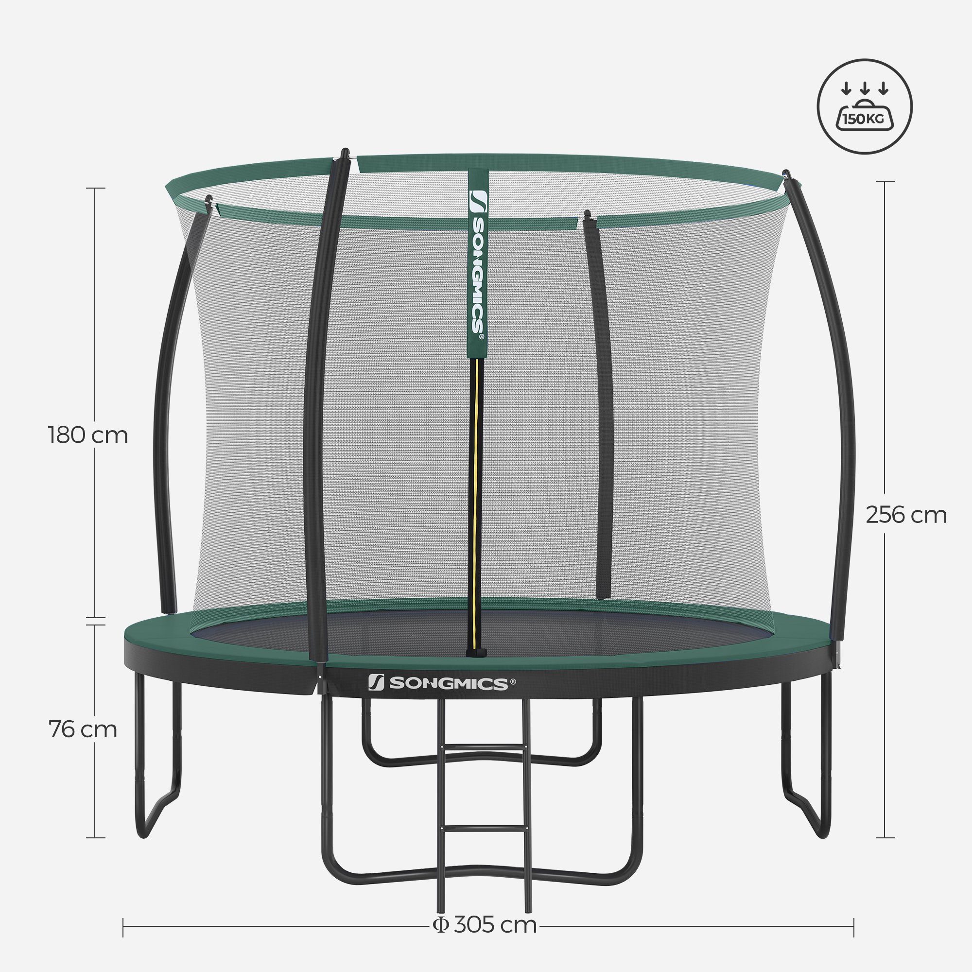SONGMICS Gartentrampolin Ø 244/305/366/427 cm, Ø 305 cm, bis zu 80-150 kg belastbar, Trampolin mit Leiter und Sicherheitsnetz