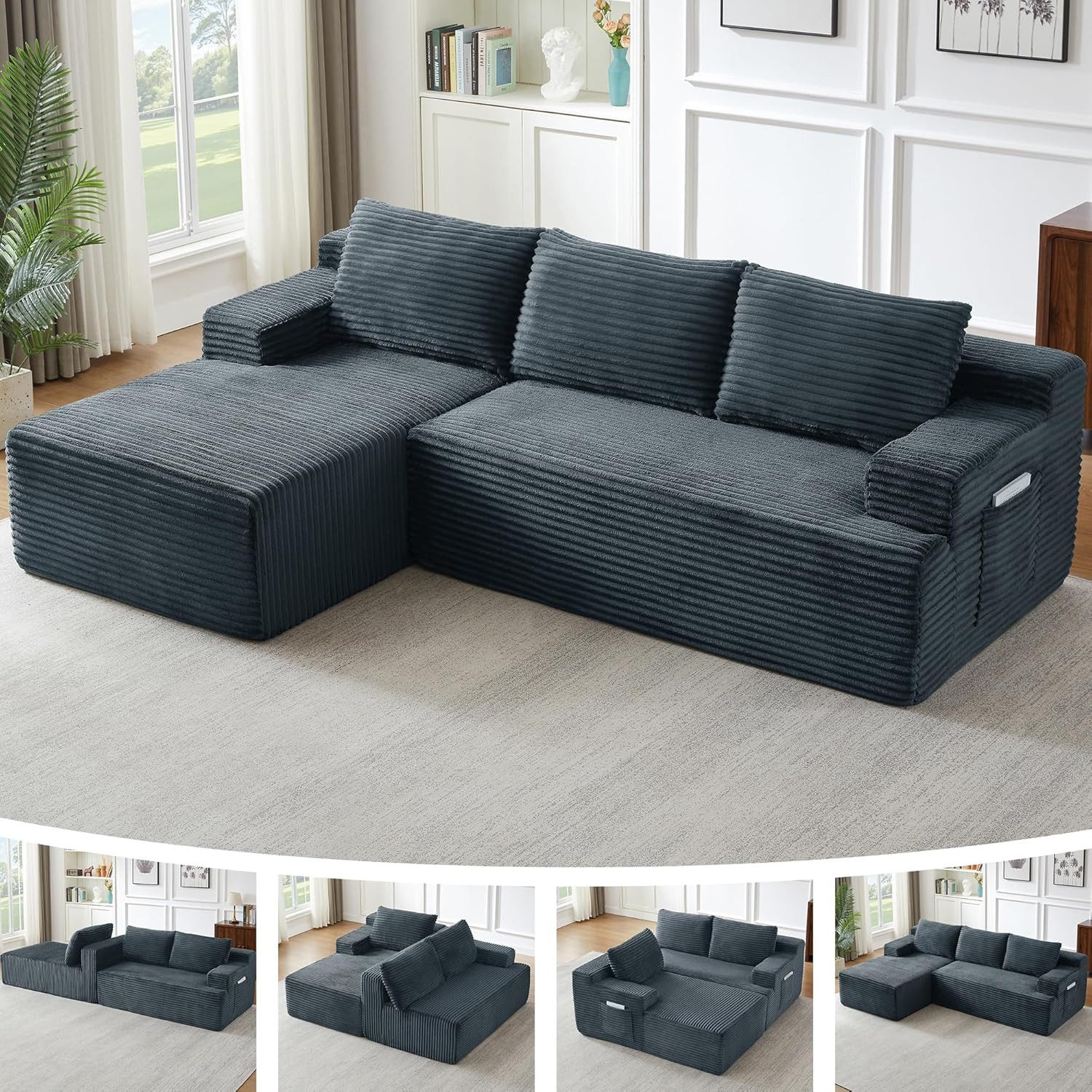 ANYSUN Ecksofa Couch L-Form, mit Liegeflache 3-Sitzer Ecksofa, Cord-Schlafsofa, Modulares Ecksofa, Loungesofa, Links / Rechts Chaiselongue Sofa,keine Montage erforderlich, modulares Schlafsofa für Wohnzimmer, Schlafzimmer, Wohnung und Büro