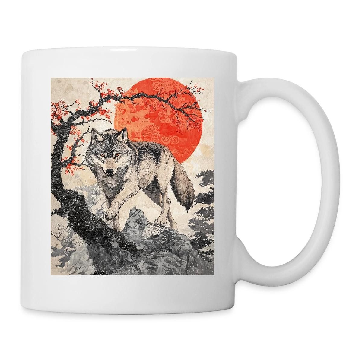 Spreadshirt Tasse Wolf Vor Roter Sonne, Japanischer Stil Tasse, Keramik