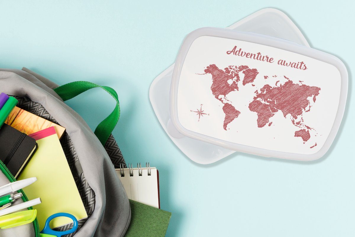 MuchoWow Lunchbox Weltkarte Erwachsene, weiß für Rot und Zitat, - (2-tlg), Brotdose, und - Kunststoff, für Jungs Kinder Brotbox Mädchen