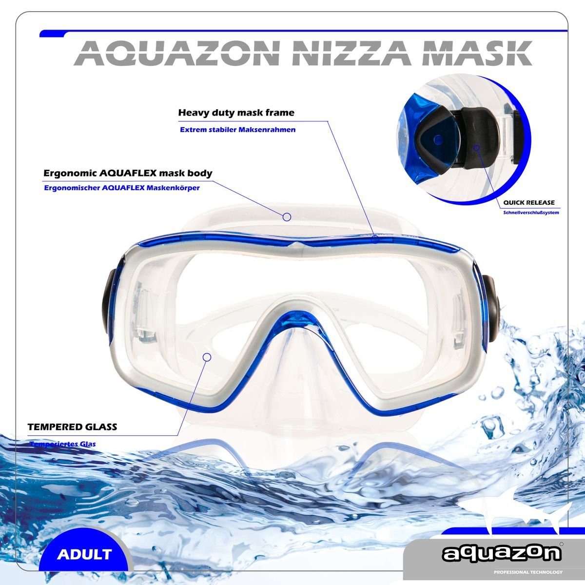 AQUAZON Schnorchelbrille NIZZA, Glas, Silikon transparent blau Tempered Taucherbrille Erwachsene für