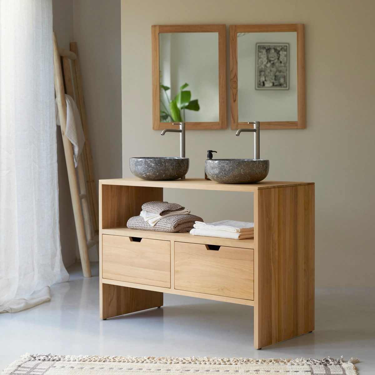 Tikamoon Waschtisch Waschtisch Waschbeckenunterschrank aus Teak 110 cm Doppelwaschtisch