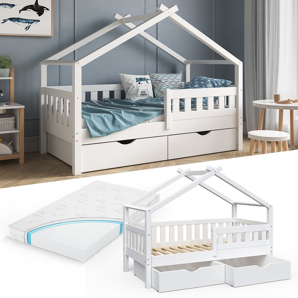 VitaliSpa® Hausbett Design, Weiß, 80x160 cm mit 2 Schubladen und Matratze (2-tlg)