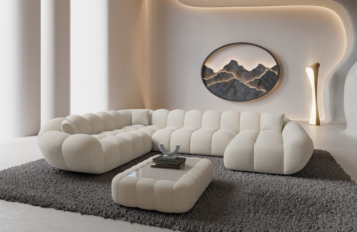 Sofa Dreams Wohnlandschaft Maleron XXL Polster Couch, Polsterecke, 6-Sitzer, Ottomane rechts, Boucléstoff in Weiß