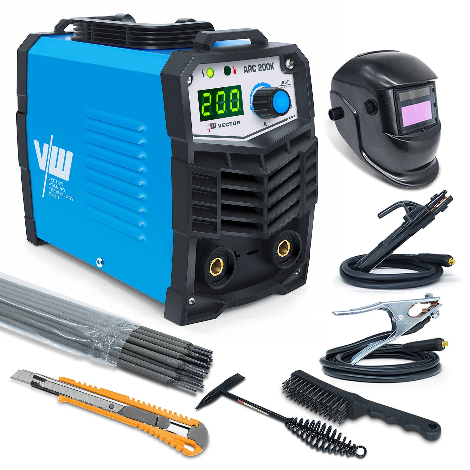 VECTOR WELDING Elektroschweißgerät Set 200A IGBT inkl. Schweißerhelm/Elektroden/Hammer/Bürste