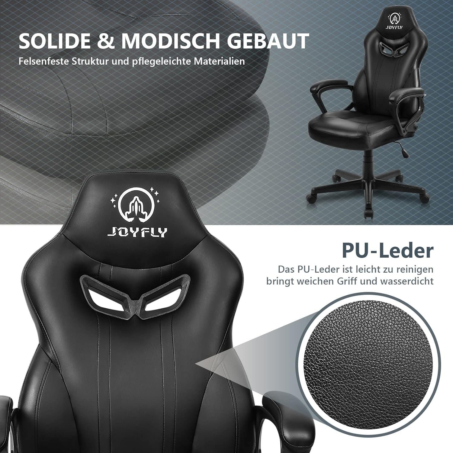 PC-Stuhl mit Höhenverstellbar Bürostuhl Gaming Chair (Gamer-Stuhl: Gaming-Stuhl Lordosenstütze Gaming mit JOYFLY mit Lendenwirbelstütze), Ergonomischer