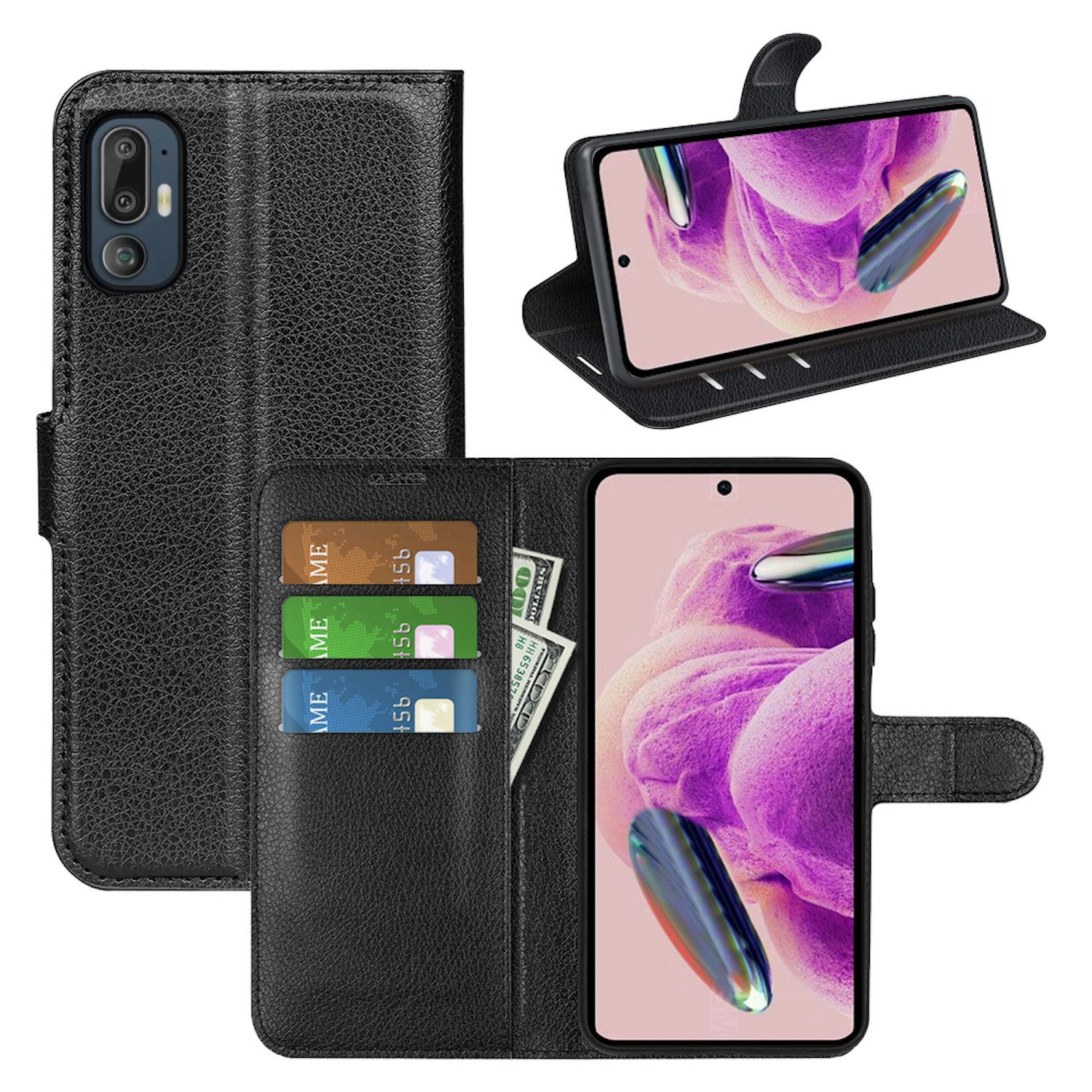 Wigento Smartphone-Hülle Für HTC U24 Pro Kunst-Leder Book Wallet Schutz Tasche Hülle Schwarz, Kunstleder Hülle mit Kartenfächern und Standfunktion