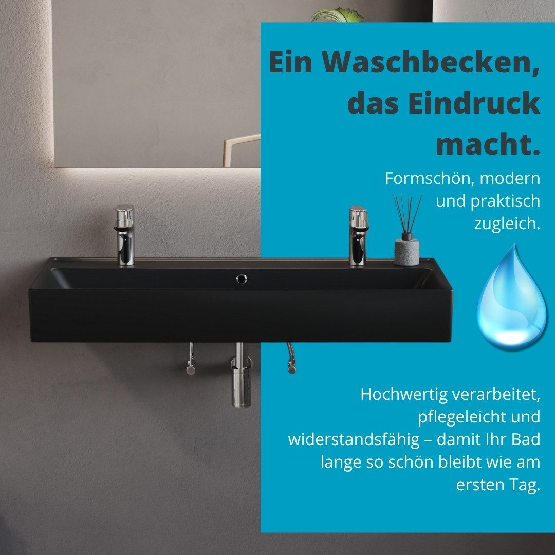 Aqua Bagno Waschbecken 100 cm schwarz matt Doppelwaschtisch Keramik Wandmontage