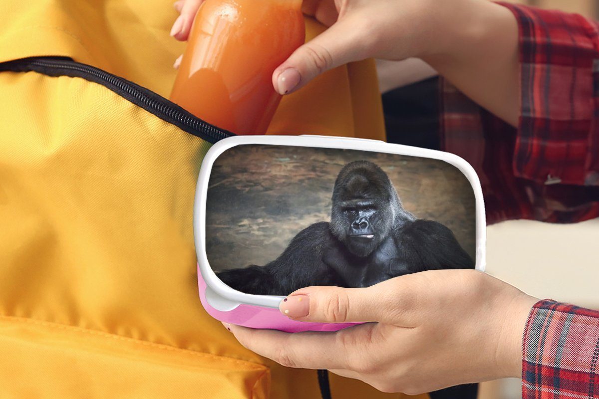 MuchoWow Lunchbox Porträtbild Mädchen, Snackbox, schwarzen Brotdose Kunststoff Kunststoff, rosa Erwachsene, Brotbox (2-tlg), für eines Kinder, Gorillas
