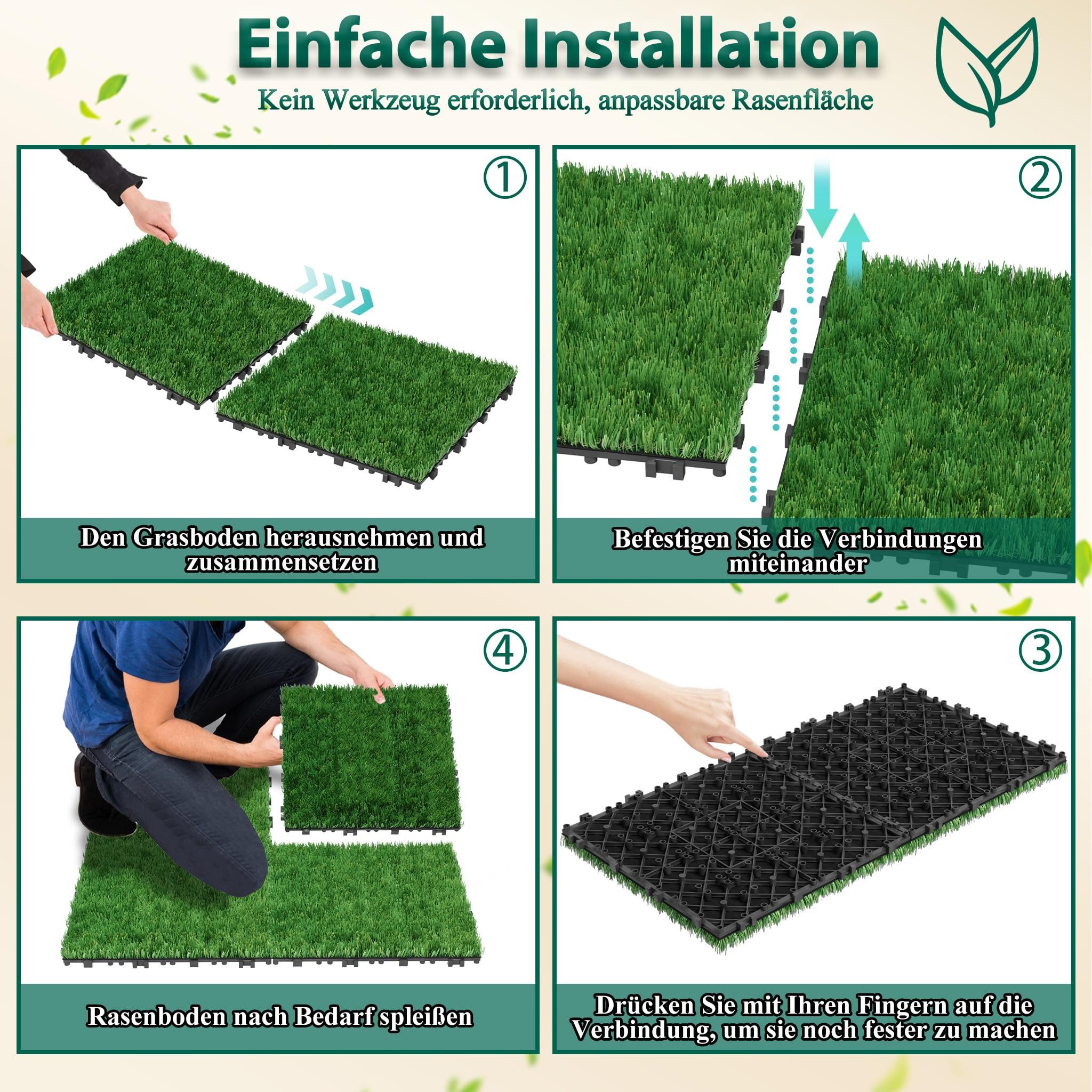 FIVMEN Kunststoff-Fliesen Kunstrase Kunststoff 30 x 30 cm, Rasenteppich Rasenfliese Grasmatte, 33 St., für Balkon Terrasse – Bild 5 von 5