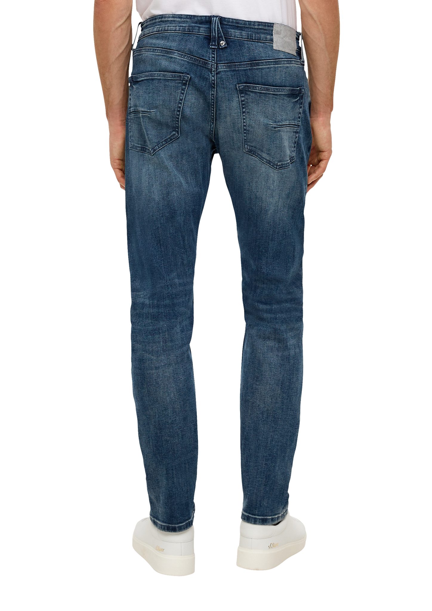 s.Oliver Stoffhose Jeans Leg Leder-Patch, / Tapered Rise Mid 5-Pocket-Stil / Regular / Fit / Waschung dunkelblau