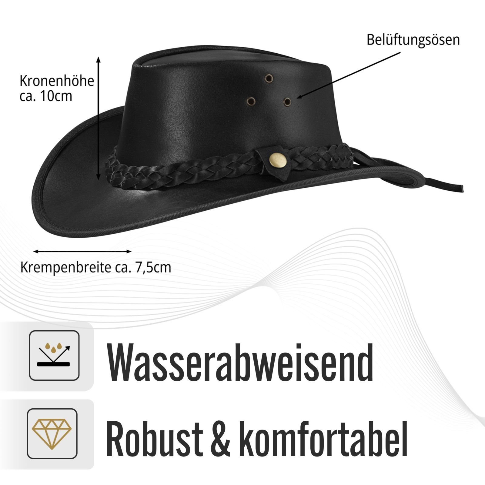 BLACK FOREST FOX Cowboyhut TEXAS Unisex Western Reiten Cowboy Leder Hut in 4 Farben Black Größe M