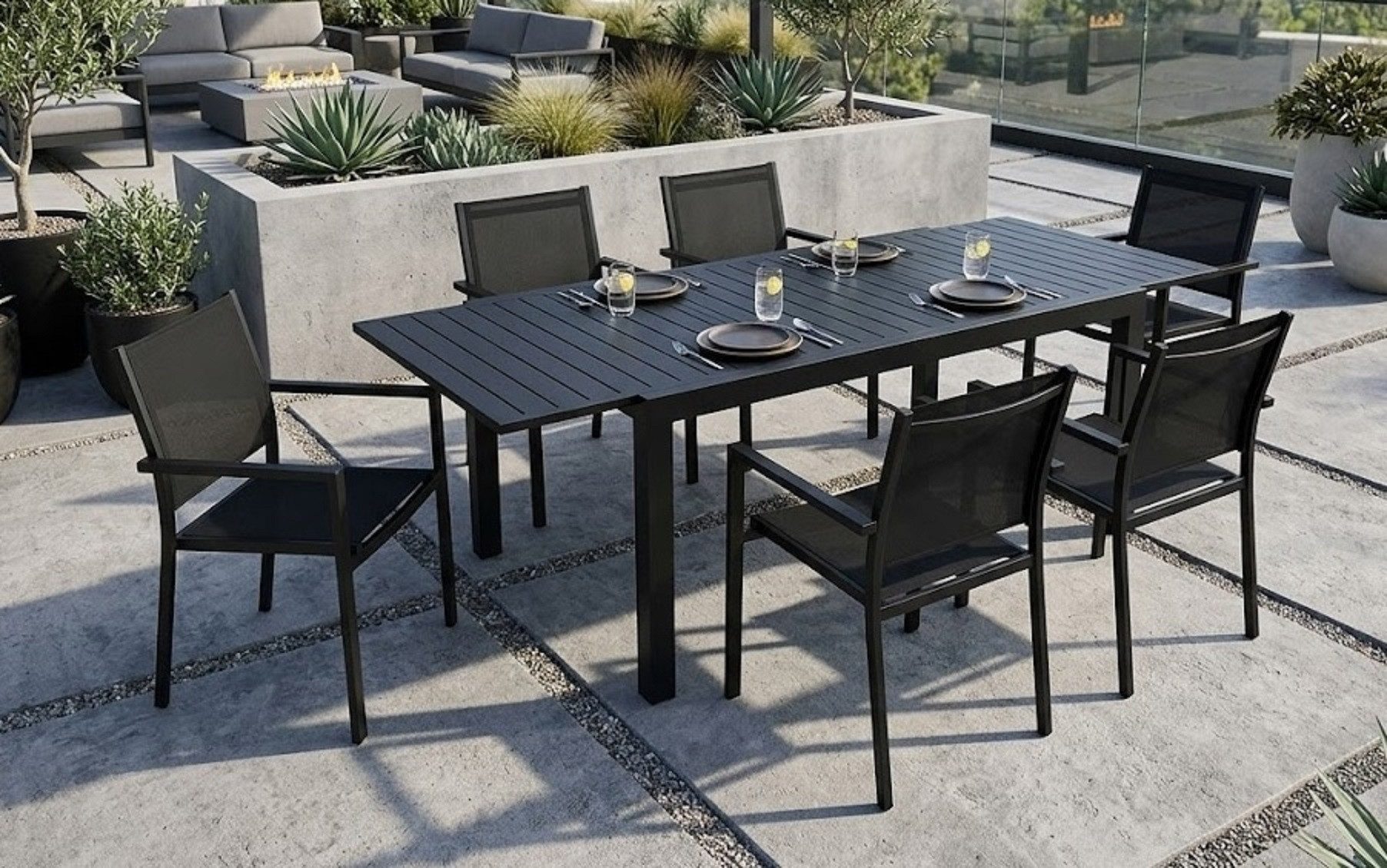 Gardissimo Garten-Essgruppe "Life" 6 Stapelstühle + 1 XL Ausziehtisch aus Alu, (Spar-Set, 7-tlg., 6 Stapelsessel + 1 Ausziehtisch), wetterfest / Aluminium / pflegeleicht / für 6 Personen