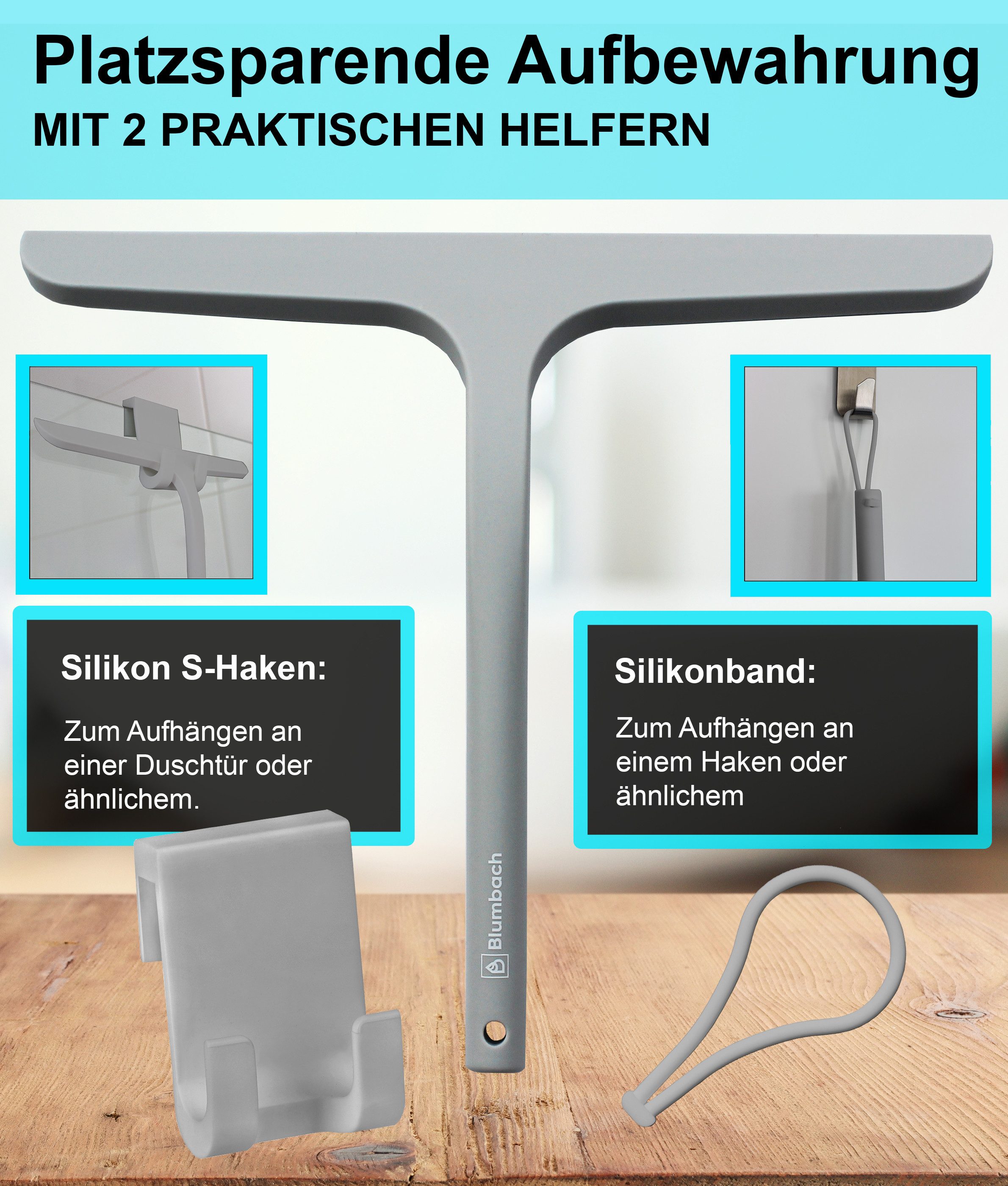 Blumbach Duschabzieher - Silikon Abzieher mit Edelstahlkern, elastisches Wischblatt 28 cm, (Abzieher Dusche mit 2 Halterungen), Premium Duschabzieher 28 cm – Bild 4 von 5