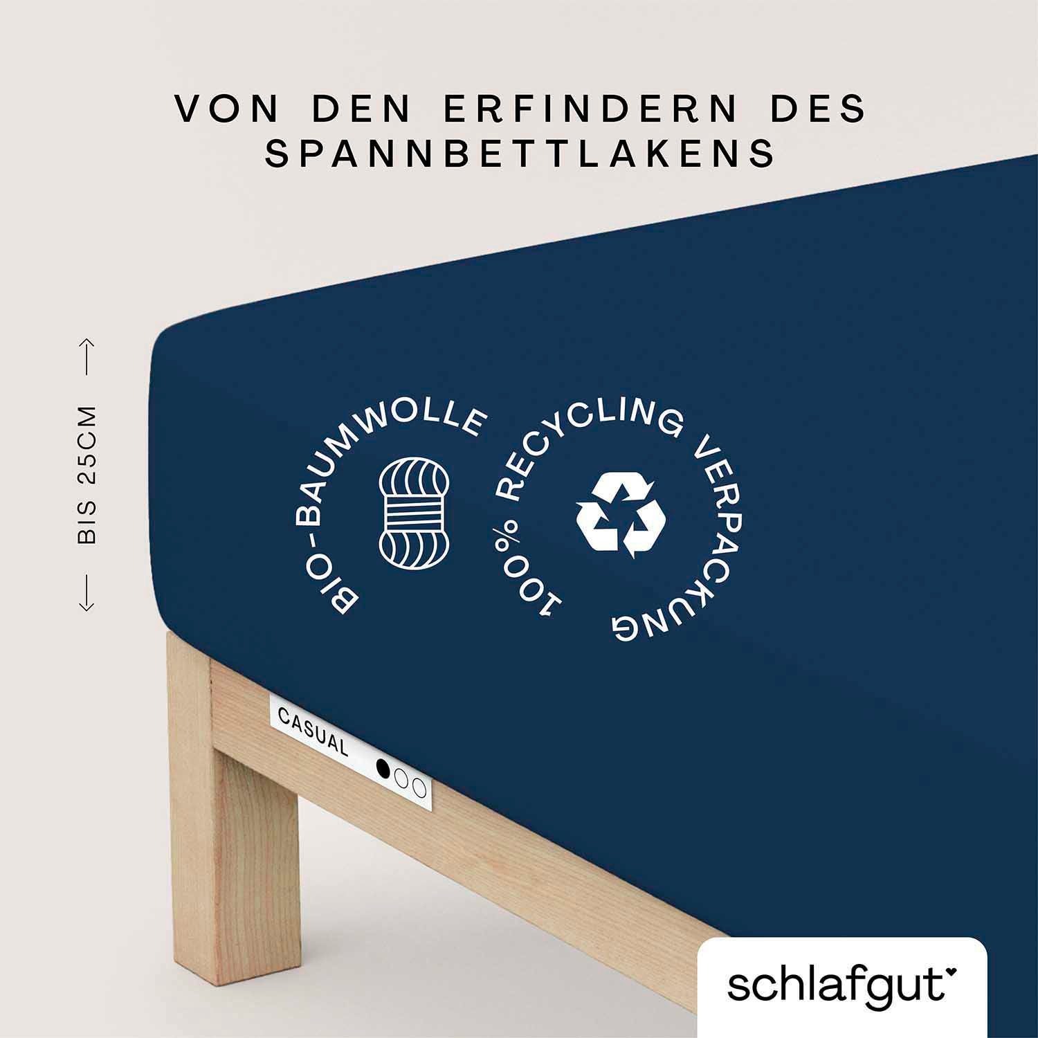 Schlafgut Spannbettlaken CASUAL Bettlaken 100% gekämmte Bio-Baumwolle, 150 g/m², Spannbetttuch, Jersey, Gummizug: rundum, (1 Stück), Bettlaken bis 25 cm Höhe, langlebig, weich, Antipilling-Ausrüstung