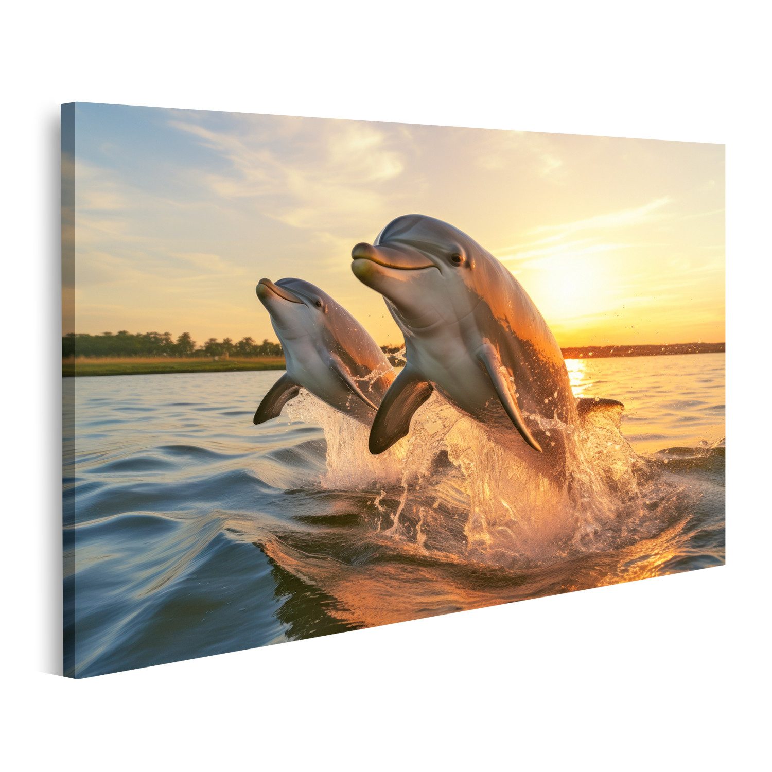 islandburner Leinwandbild Delphine Springen Sonnenuntergang Ruhiges Meer