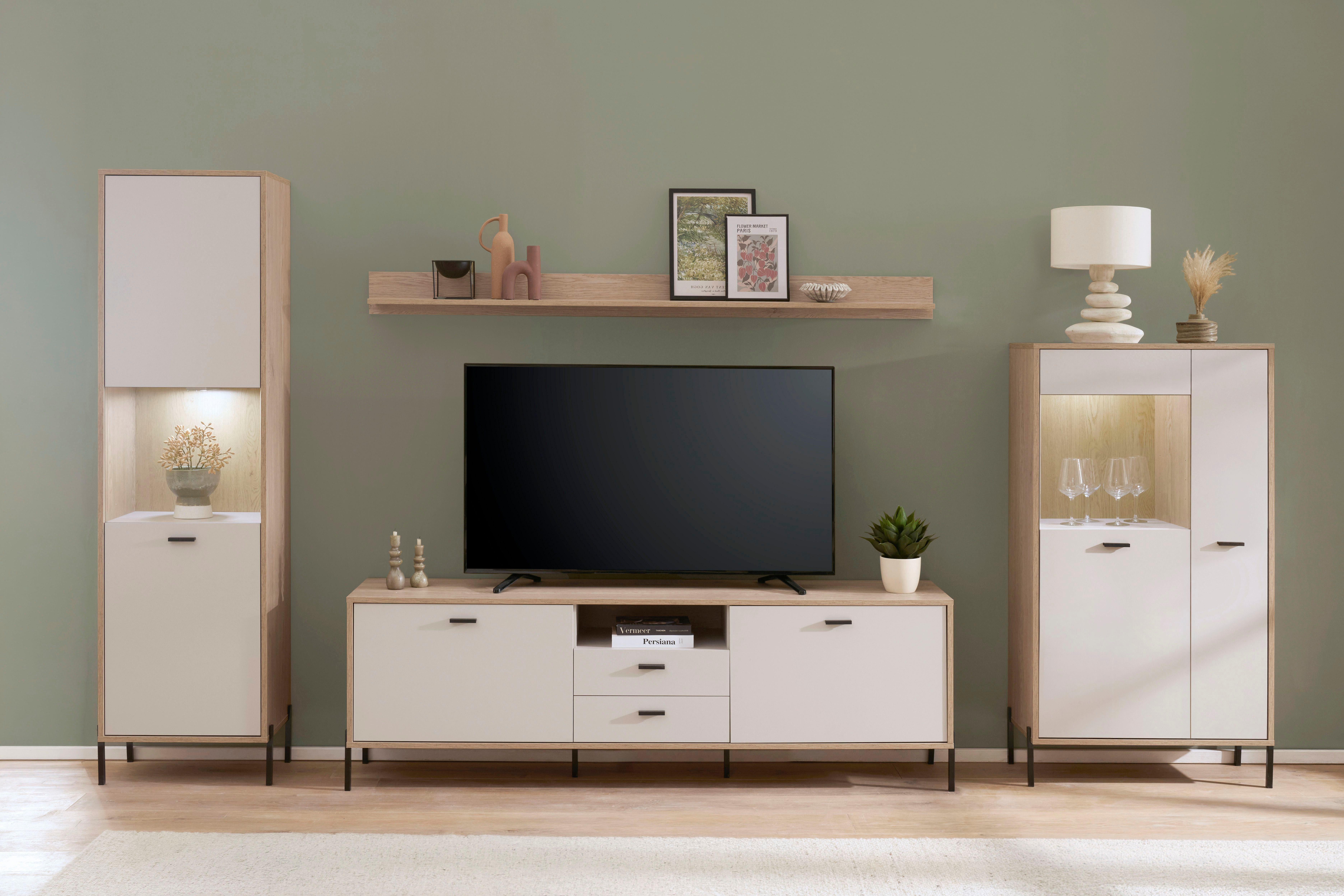 Home affaire Wohnwand Fredericia, moderne Anbauwand, Komplettset in Kaschmir, (Set, 4-St), enthält zwei Vitrinen, Lowboard und Wandboard, 349 cm breit