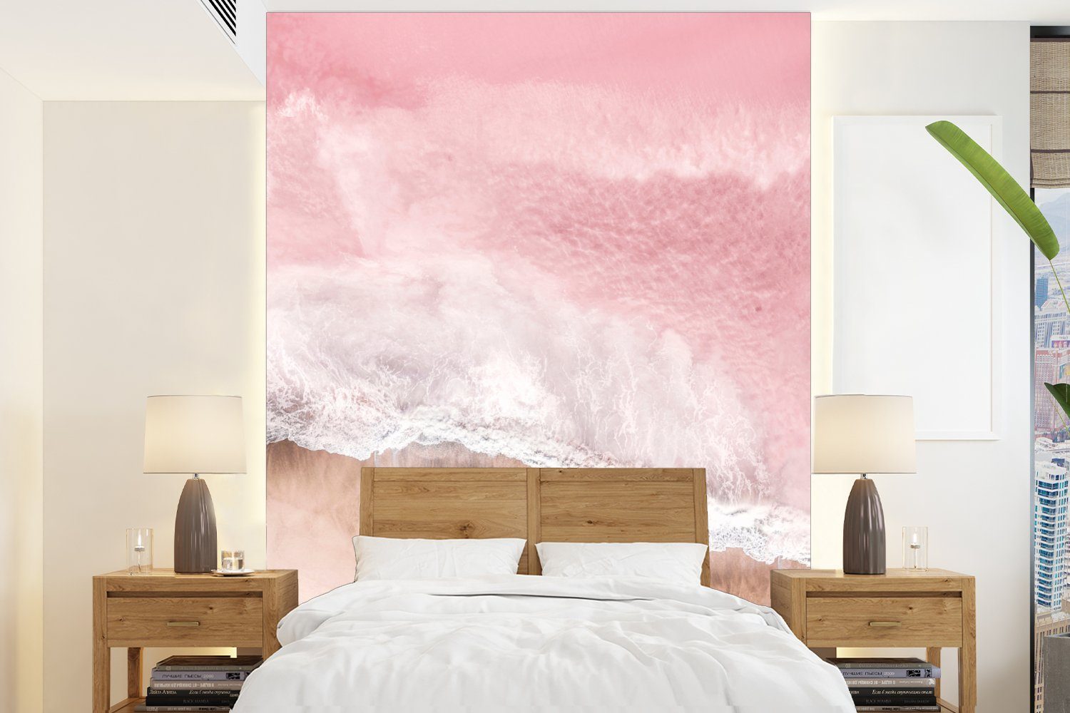 Wandtapete Tapete bedruckt, - Wohnzimmer, Vinyl Meer Fototapete - MuchoWow für - Wellen, (4 Matt, St), Montagefertig Natur - Strand Rosa