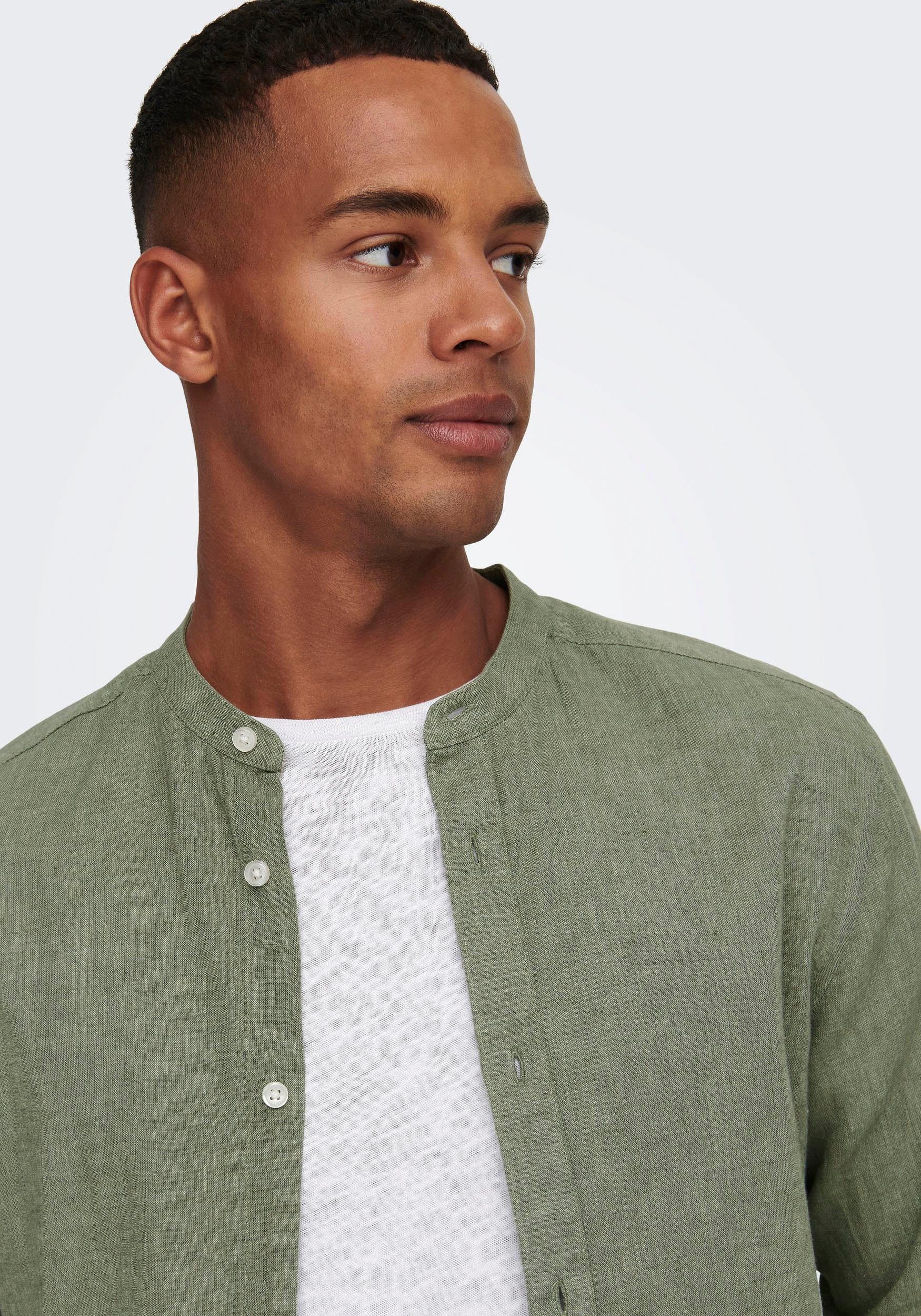 ONLY & SONS Langarmhemd ONSCAIDEN LS SOLID LINEN MAO SHIRT NOOS Baumwolle mit Leinen, slim fit