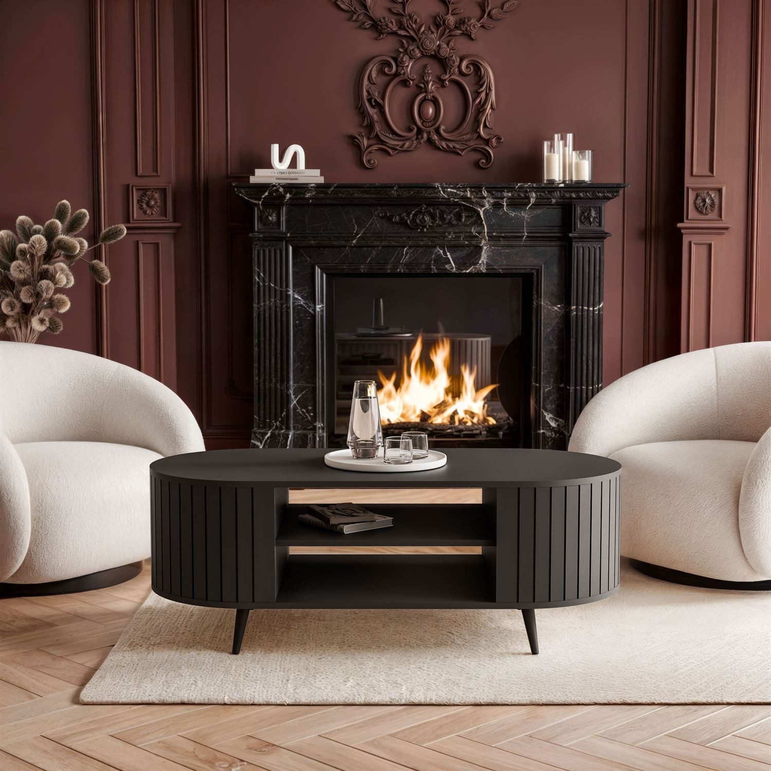 yourhouse24 Couchtisch LINNEA Oval 104cm mit Ablage Lamellen Kaschmir/Schwa günstig online kaufen