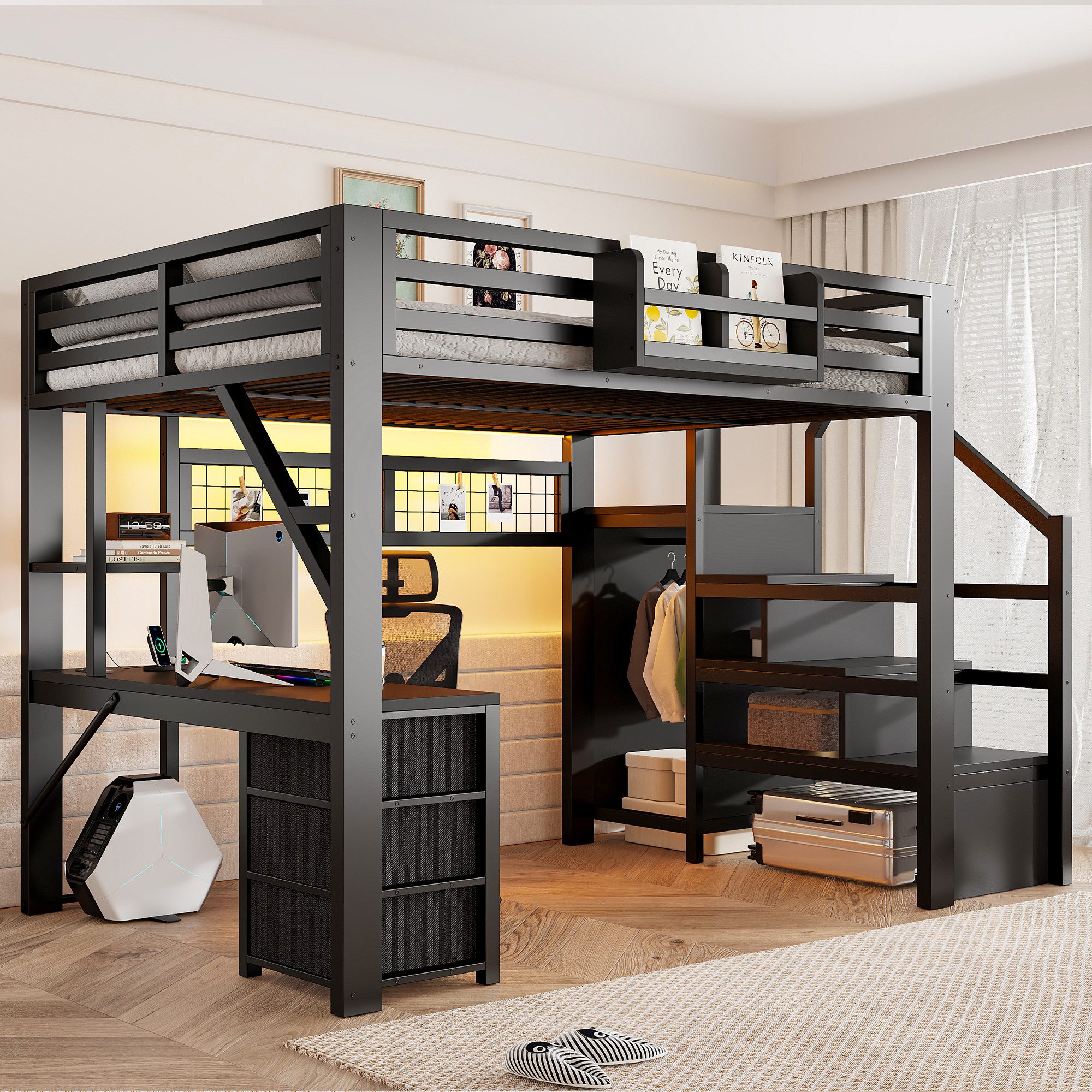 STILVORA Jugendbett 140×200 mit Stauraum Funktionbett Metallbett, ohne Matratze (Hochbett mit Schreibtisch, Treppe, Kleiderschrank und Regal, Holz, LED, Ladestation, 3 Stoffschubladen, Lochwand, Stauraum), für Kinderzimmer, Jugendzimmer, Studentenzimmer und kleine Räume