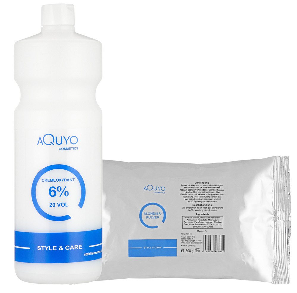 AQUYO Cosmetics Haarfarbe Style & Care Blondierpulver 500g + Creme Oxydant Entwickler 6%, Set
