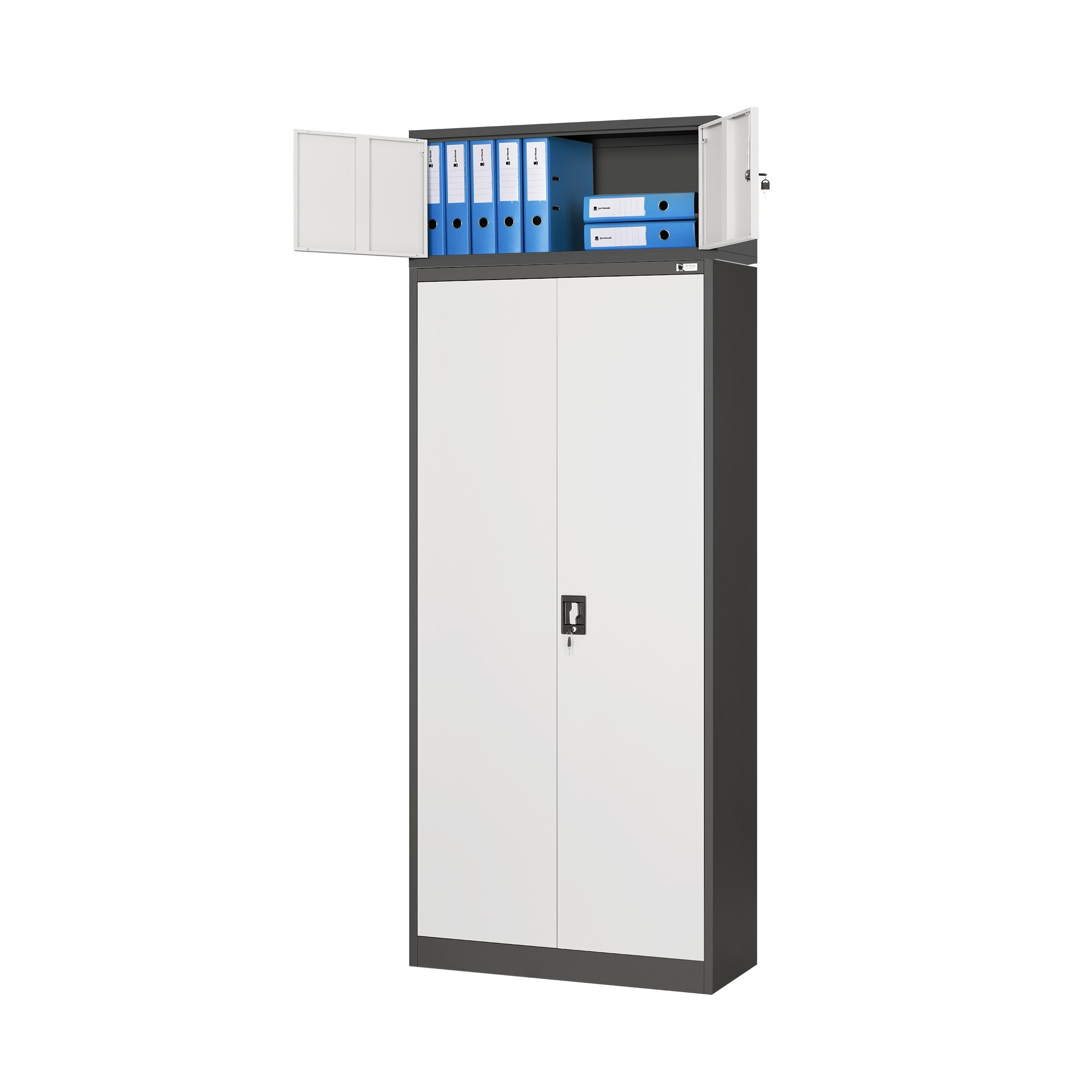 Jan Nowak Schrankaufsatz Aufsatz für Aktenschrank 90 cm EWA Metall Stahl abschließbar, (38 x 90 x 40 cm passend für JAN NOWAK Schränke PZH-zertifiziert), Erweiterung Büroschrank Schloss 2 Schlüssel robust 3 Farben