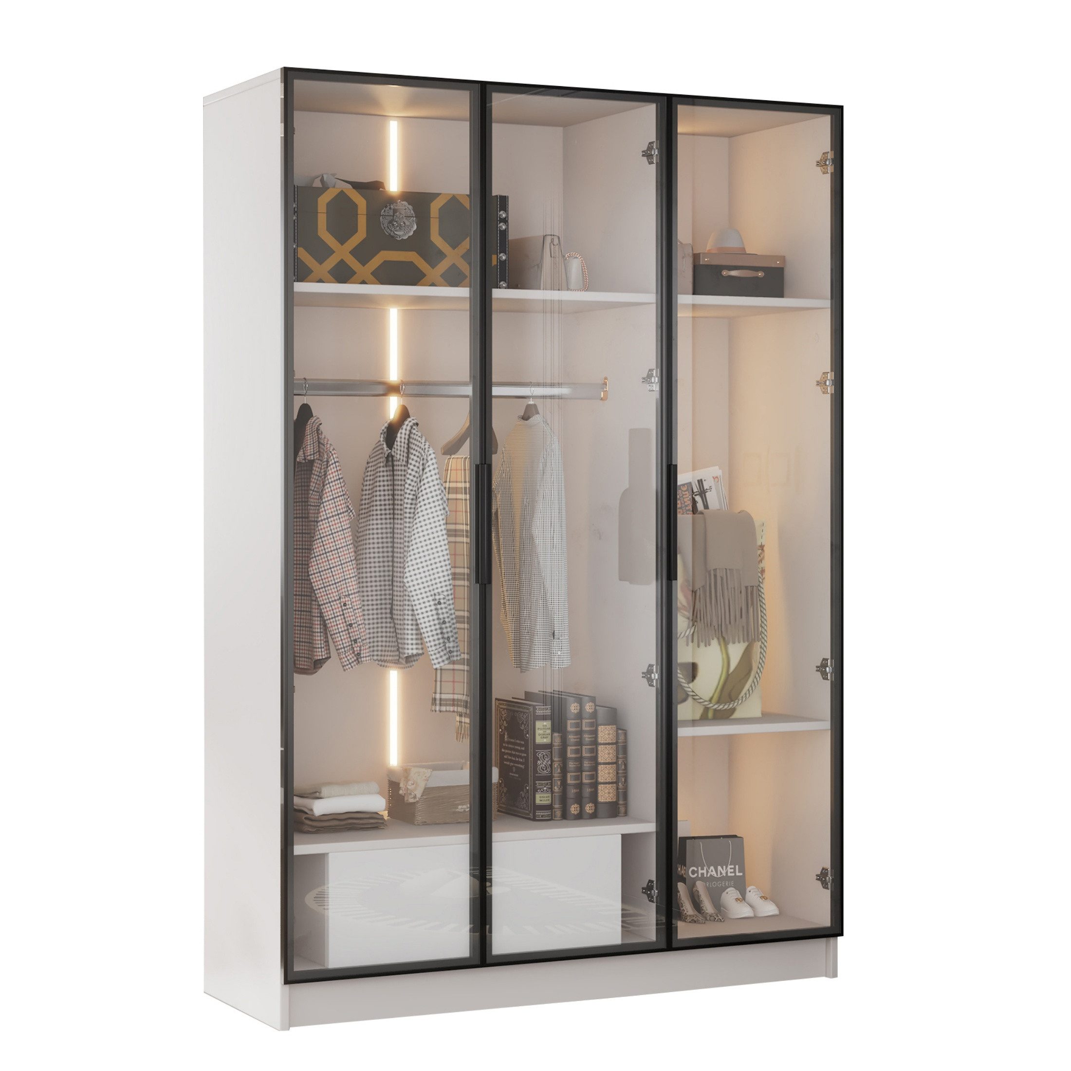 autolock Kleiderschrank Garderobe mit LED-Licht 3 Glastüren 1 Kleiderstange günstig online kaufen