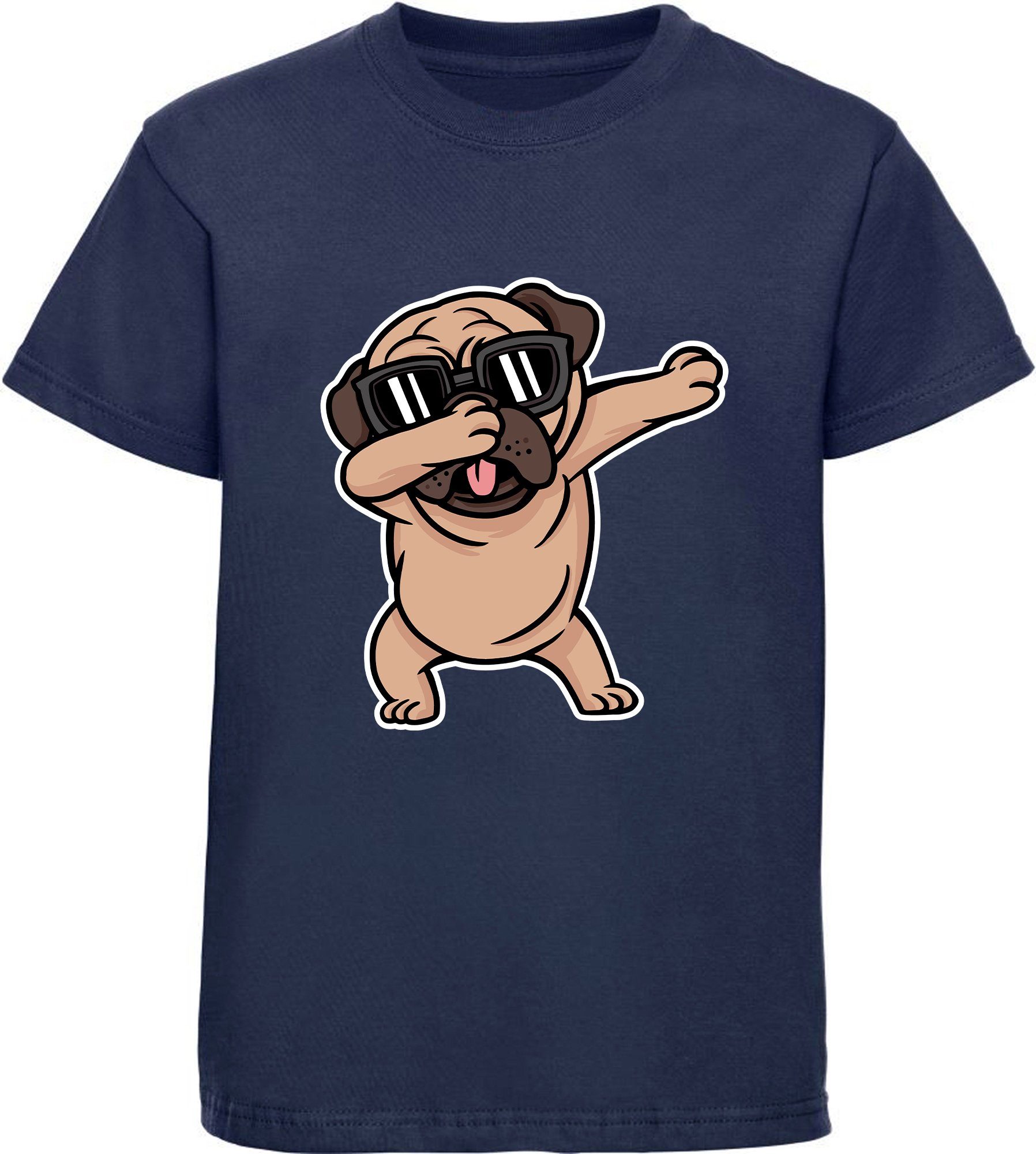 MyDesign24 Print-Shirt Kinder Hunde T-Shirt bedruckt - Cooler Hund mit Skateboard Baumwollshirt mit Aufdruck, i239 navy blau