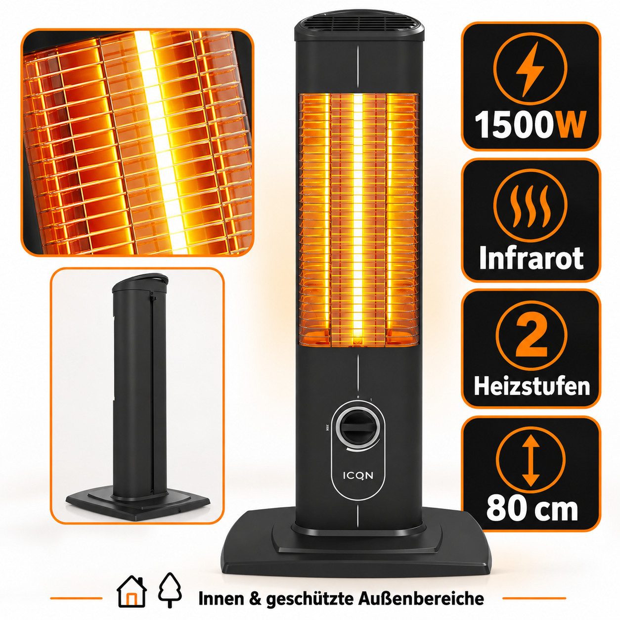 ICQN Heizstrahler IC1500 Stand Heizstrahler, Infrarotheizung, 1500 W, IP20