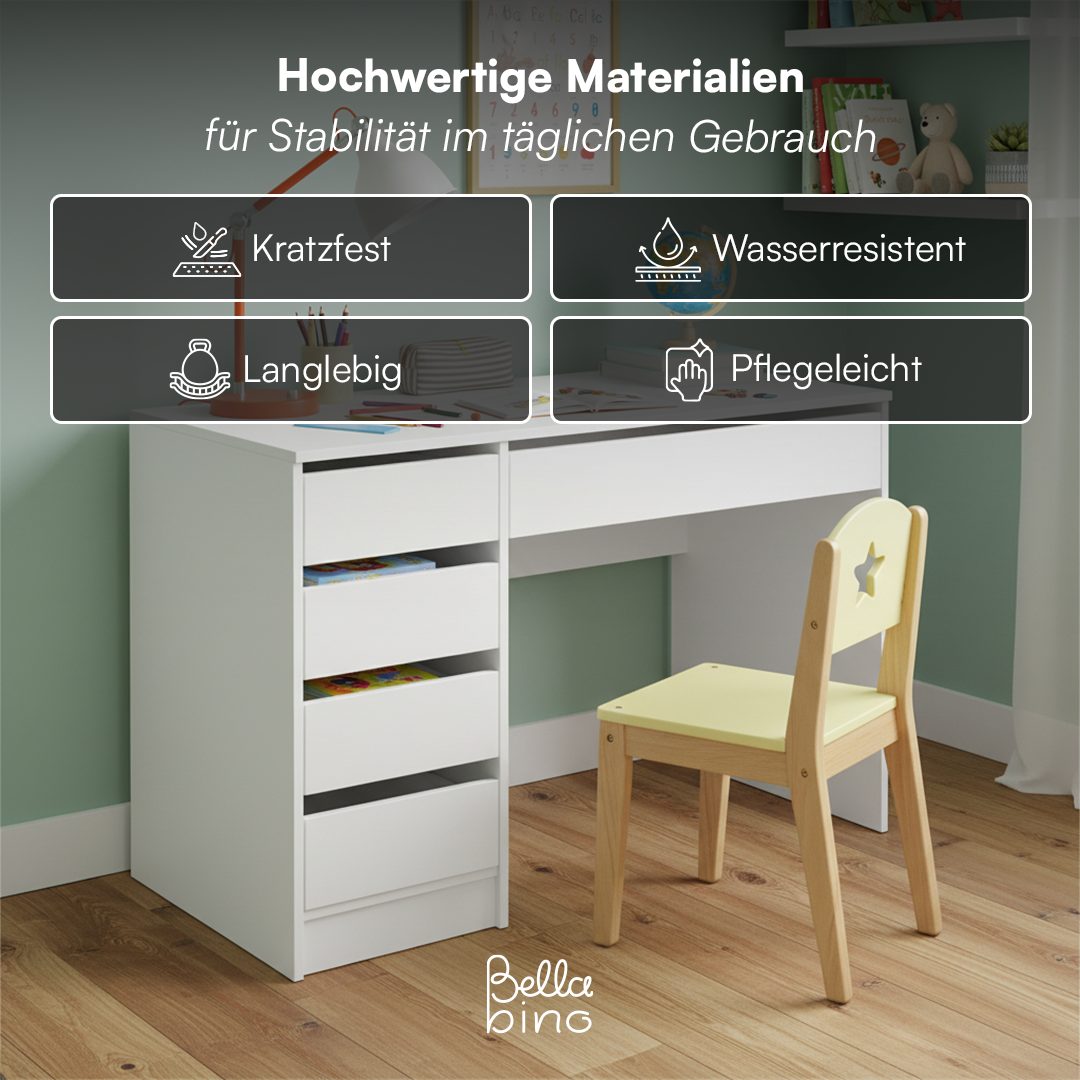 Bellabino Kinderschreibtisch Nore weiß, Jugendschreibtisch 110x53 cm mit 5 Schubladen, beidseitig montierbar