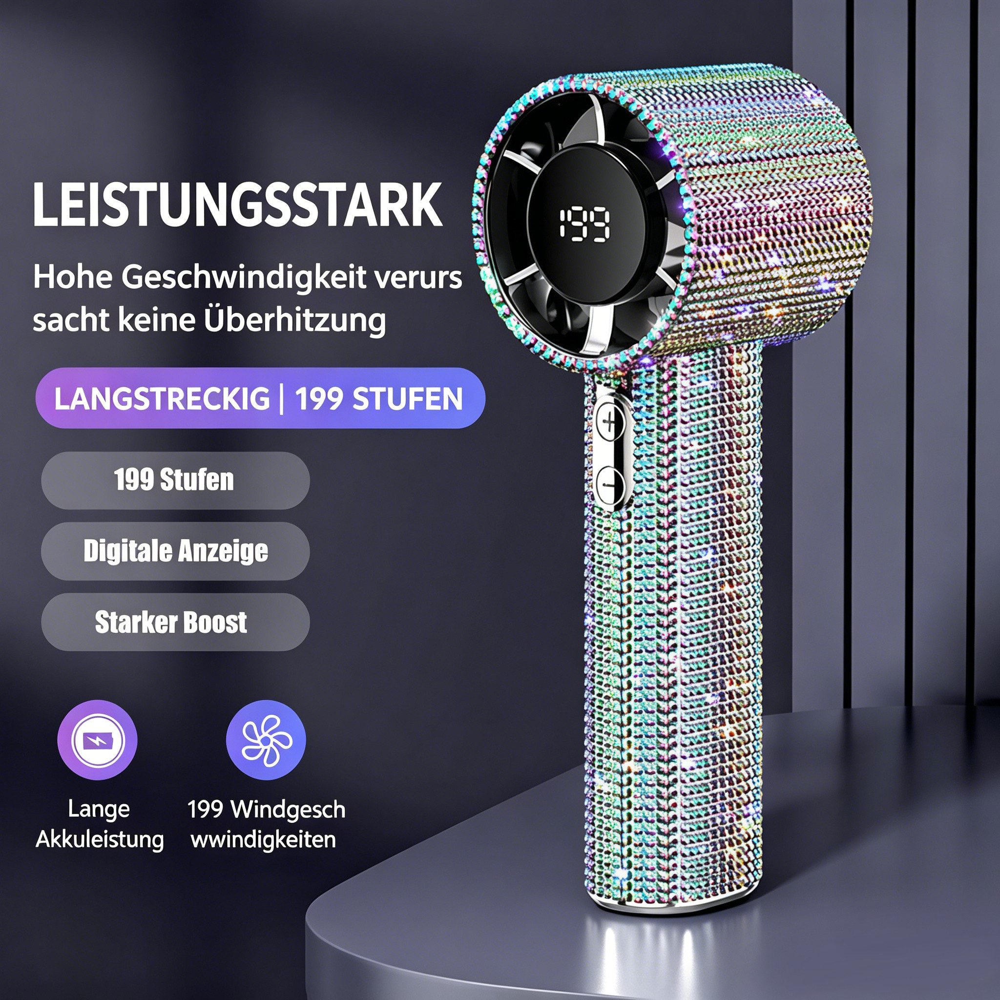 nsihing Handventilator Leuchtender Handventilator, tragbarer Turboflügel-Handventilator, USB-aufladbar, ideal für Reisen, Urlaub und Strand