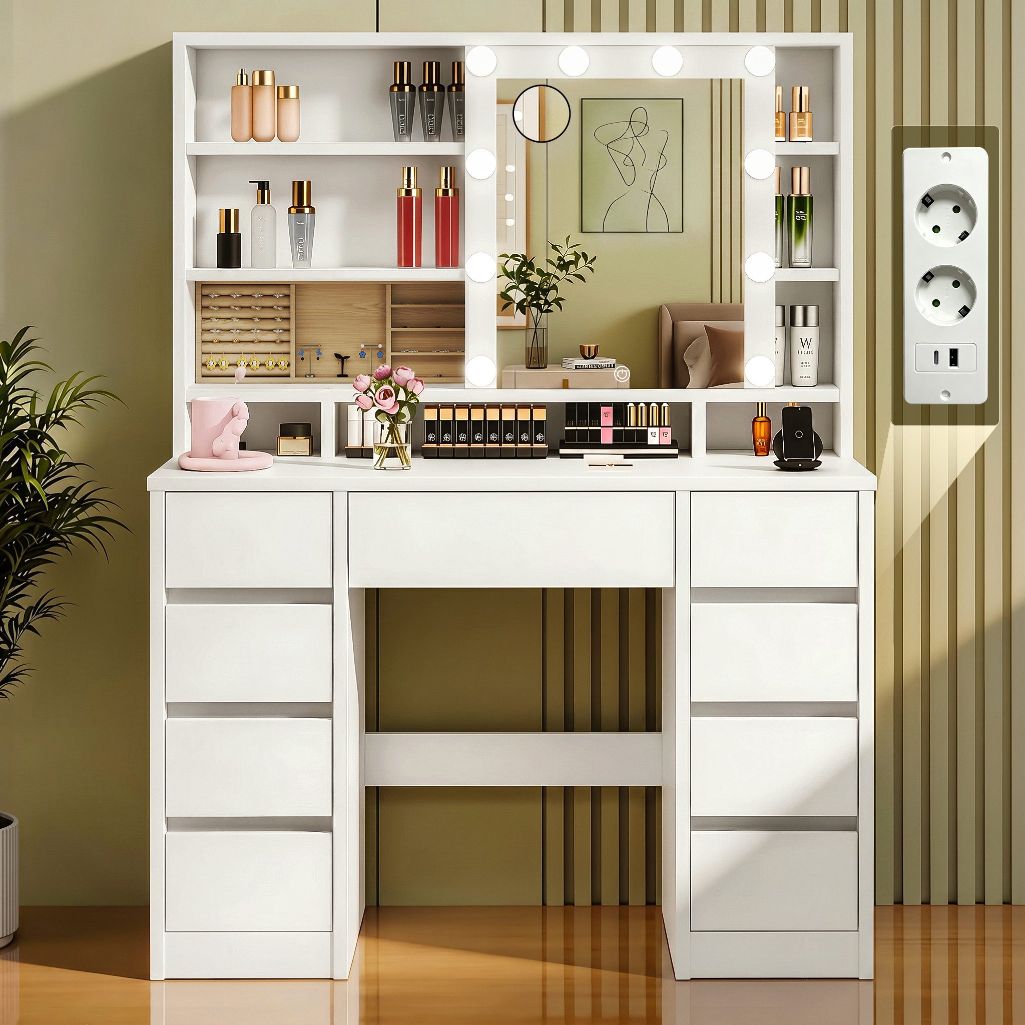 oyajia Schminktisch mit Spiegel und LED-Leuchten,9 Schubladen, Steckdosenleiste (Großer Schminktisch mit Verschiebbarer Spiegel, 110 x 40 x 141.5cm), 9 Schubladen,3 Lichtfarben,1 Schmuckfach,für Schlafzimmer,Holz,Weiß