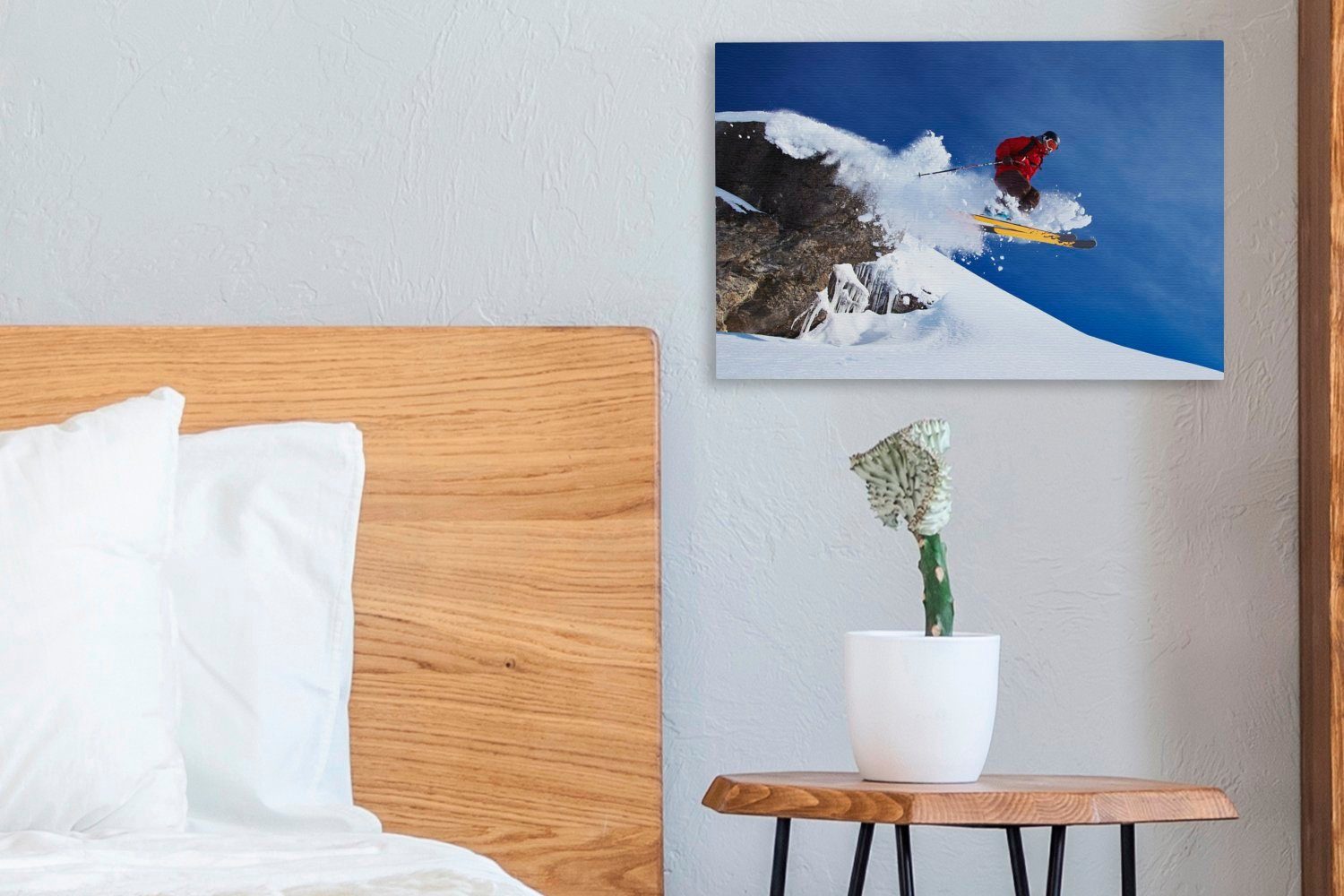30x20 Sprung der Schweiz, St), in bei Skifahrer Wanddeko, cm Aufhängefertig, OneMillionCanvasses® (1 einem Wandbild Leinwandbilder, Leinwandbild