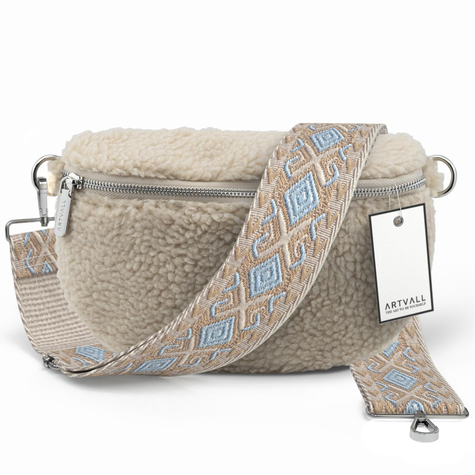 ARTVALL Umhängetasche Teddy Handtasche Brusttasche Schultertasche Beige (Tasche inkl. Taschenband), Bauchtasche Teddytasche mit breitem Band Plüsch Tasche flauschig Klein