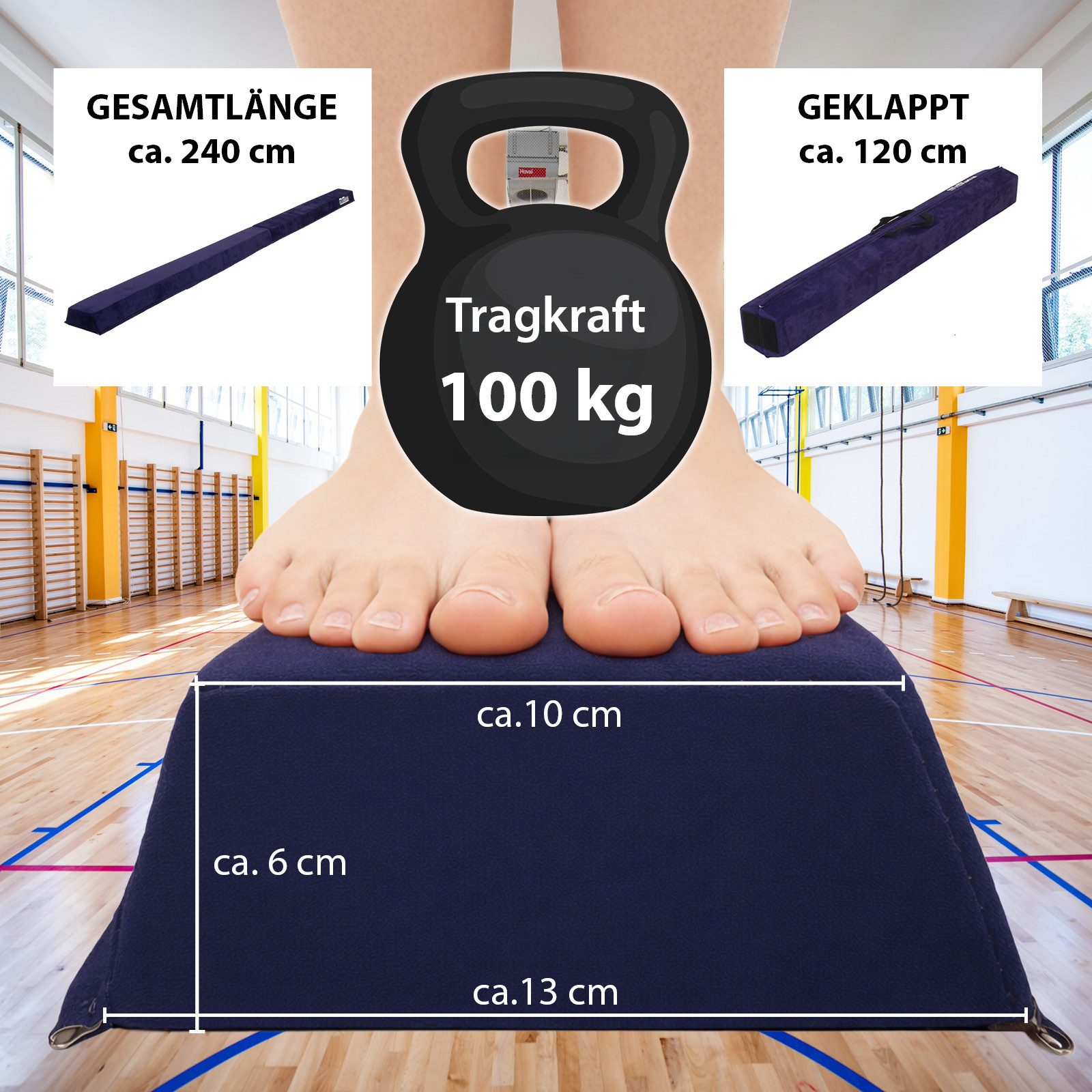 TRUTZHOLM Balanceboard Schwebebalken 240 cm klappbar Turnbalken inkl. Tragetasche Blau, klappbar, tragbar, bodennah, kombinierbar