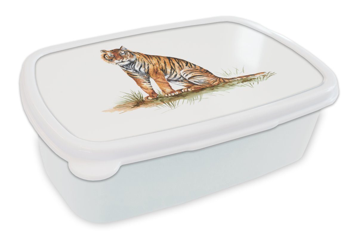 MuchoWow Lunchbox Tiger - Gras - Orange, Kunststoff, (2-tlg), Brotbox für Kinder und Erwachsene, Brotdose, für Jungs und Mädchen weiß
