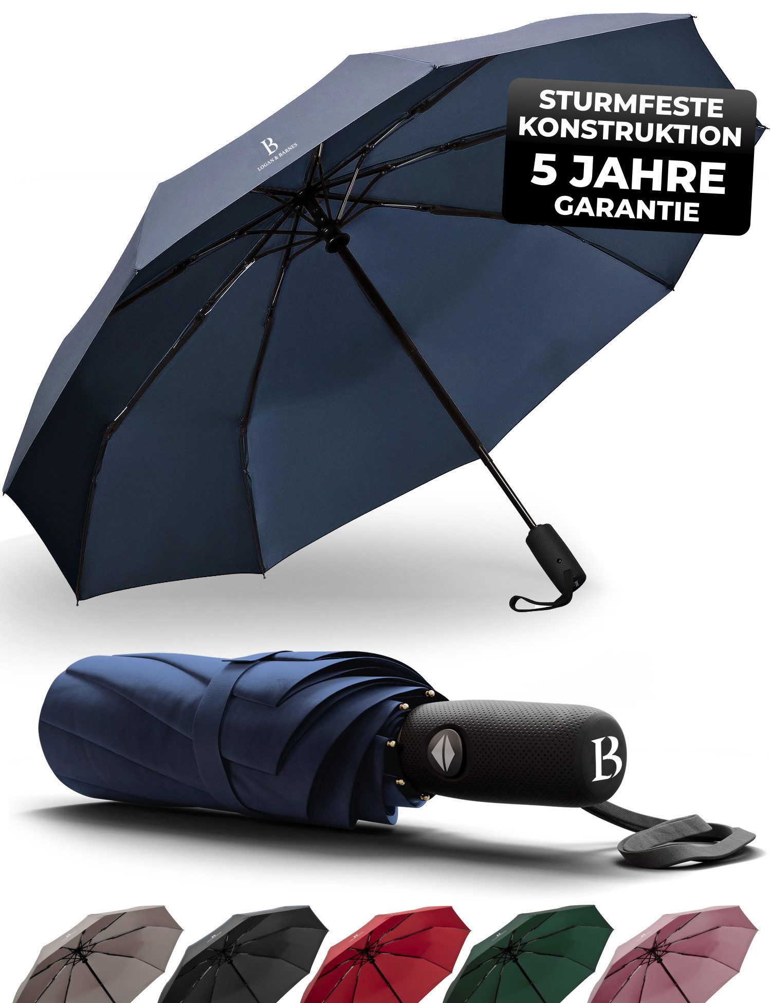 Logan & Barnes Taschenregenschirm Boston, Sturmfest bis 140 km/h