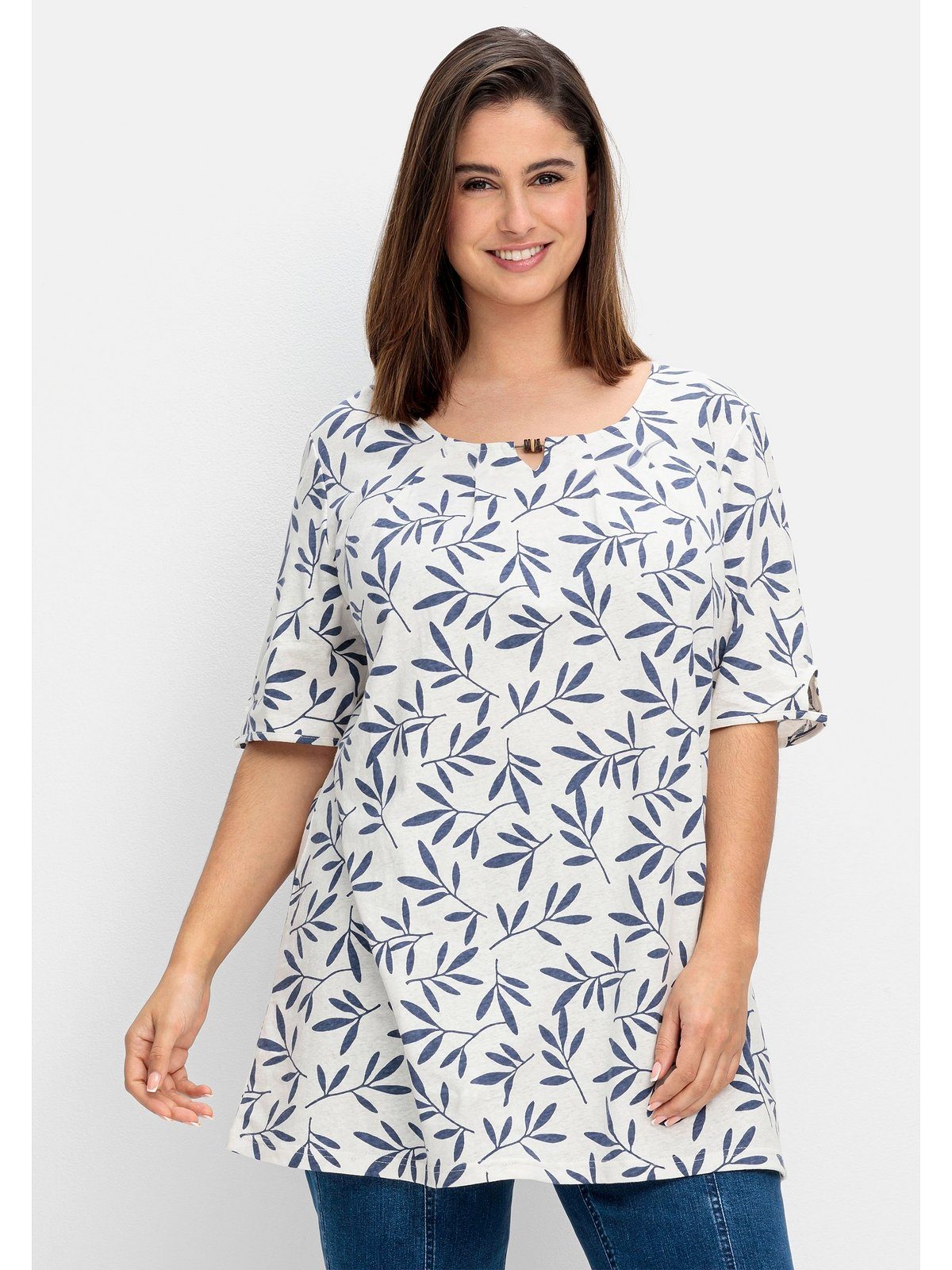 Sheego T-Shirt Große Größen mit Blätterprint, im Leinen-Mix offwhite gemustert