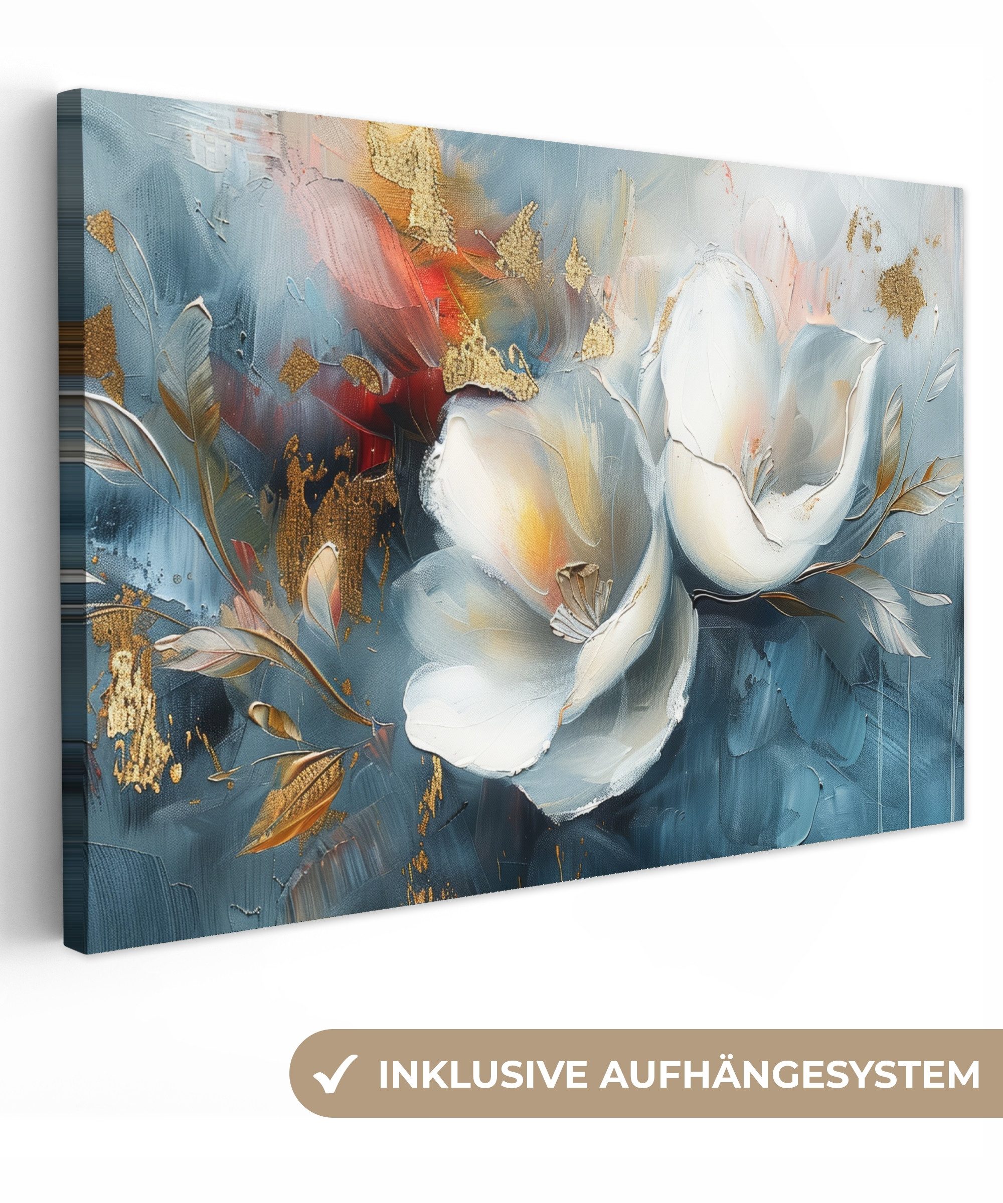 OneMillionCanvasses® Leinwandbild Blumen - Weiß - Gold - Kunst - Abstrakt, günstig online kaufen